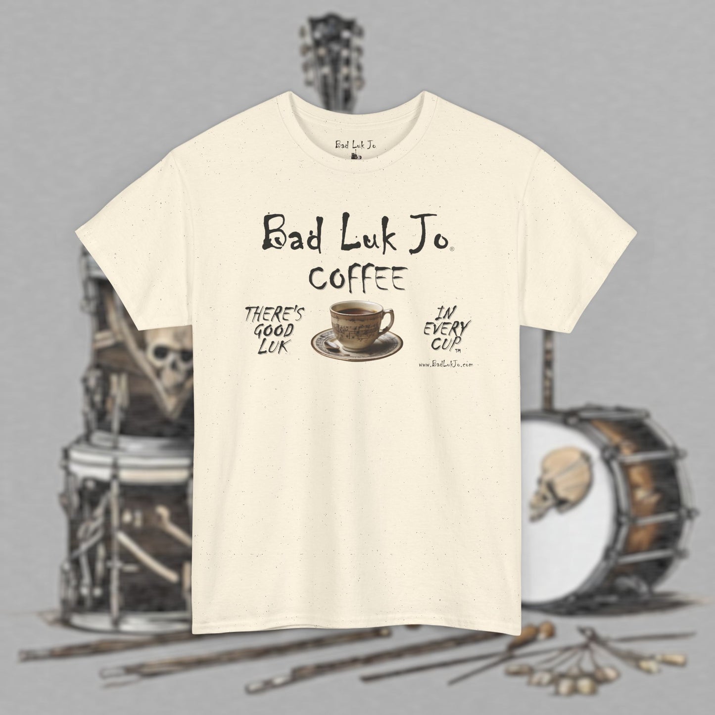 Bad Luk Jo Unisex Heavy Cotton Tee - "There's Good Luk in Every Cup" - Perfect Gift for Coffee Lovers - FREE ECONOMY SHIPPING