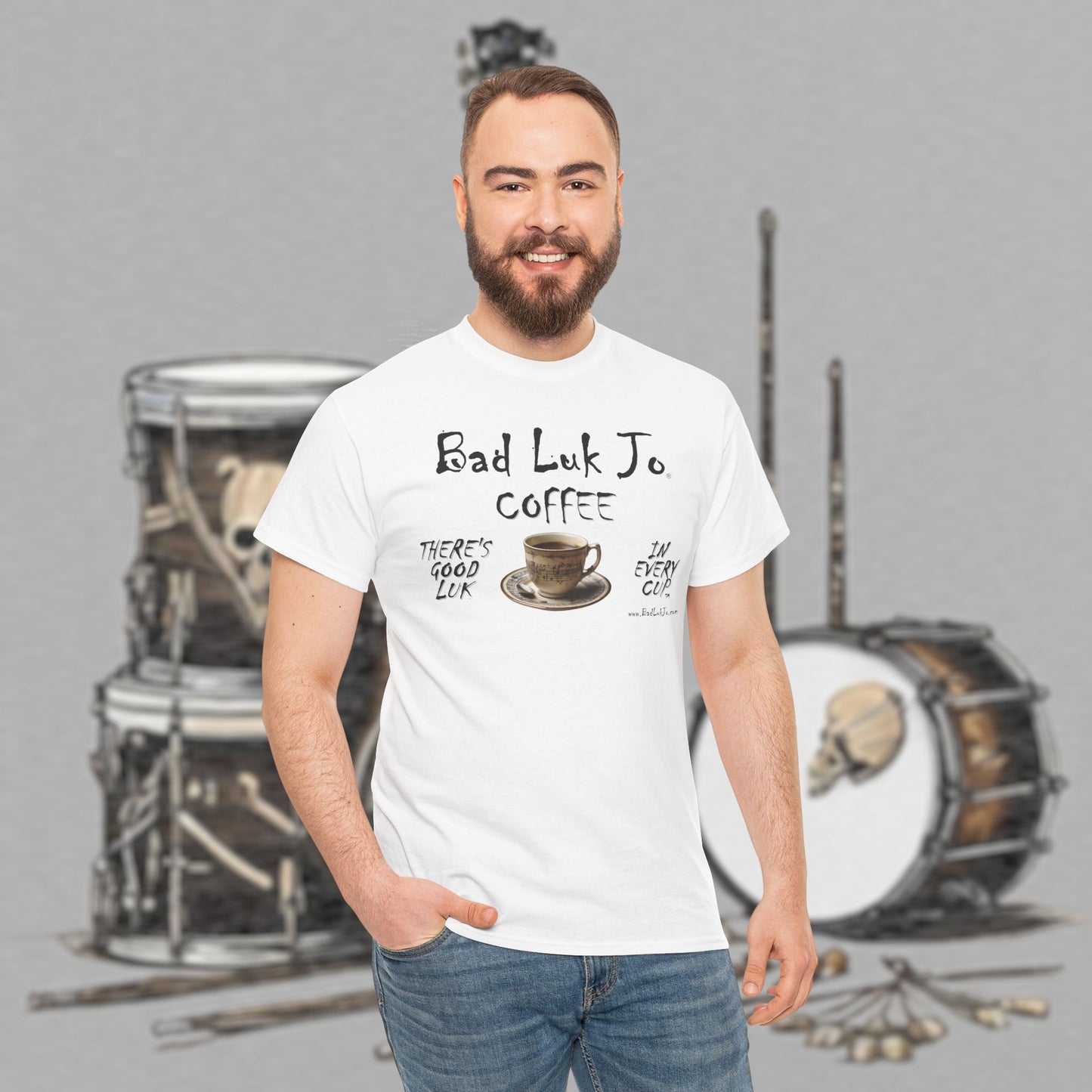 Bad Luk Jo Unisex Heavy Cotton Tee - "There's Good Luk in Every Cup" - Perfect Gift for Coffee Lovers - FREE ECONOMY SHIPPING