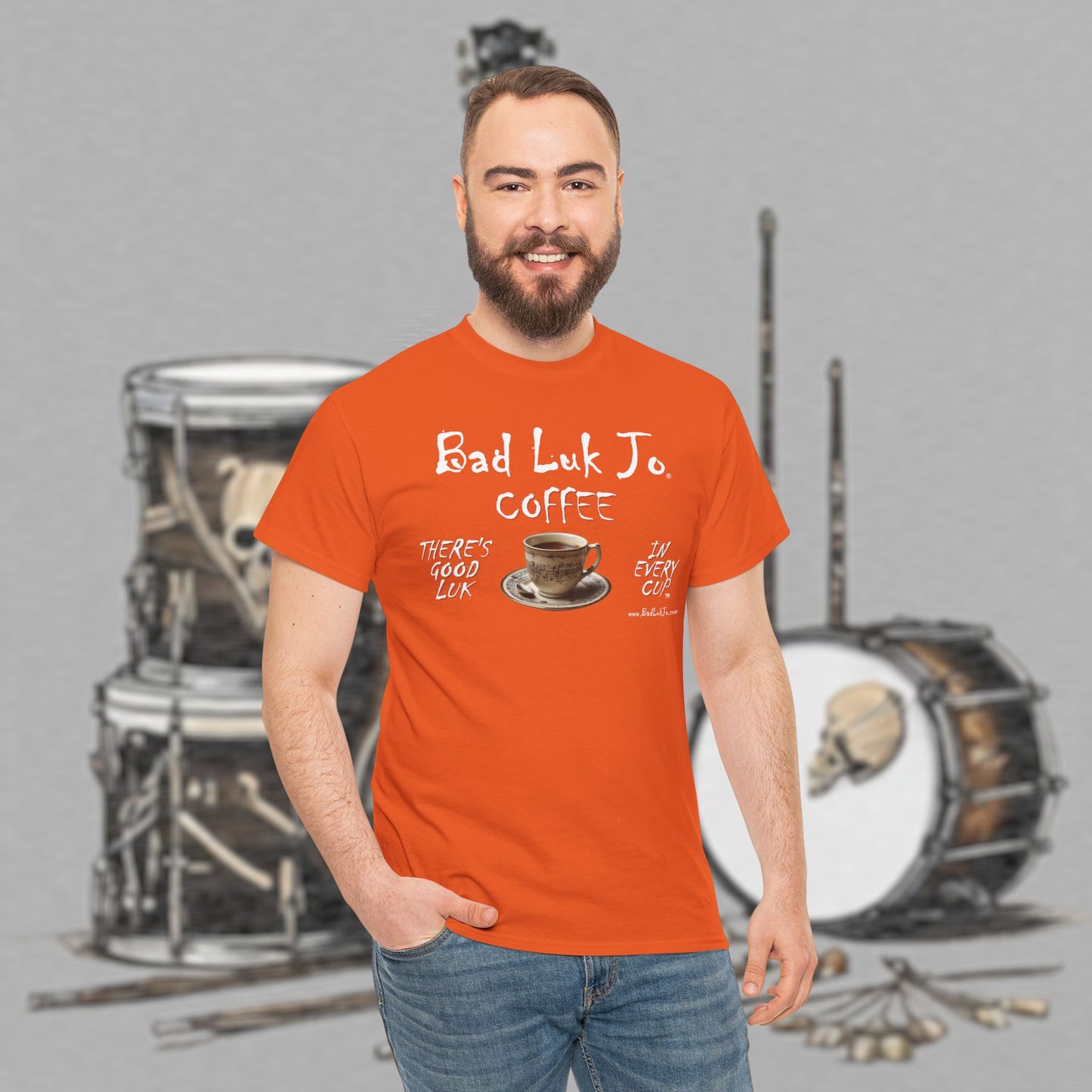 Bad Luk Jo Unisex Heavy Cotton Tee - "There's Good Luk in Every Cup" - Perfect Gift for Coffee Lovers - FREE ECONOMY SHIPPING
