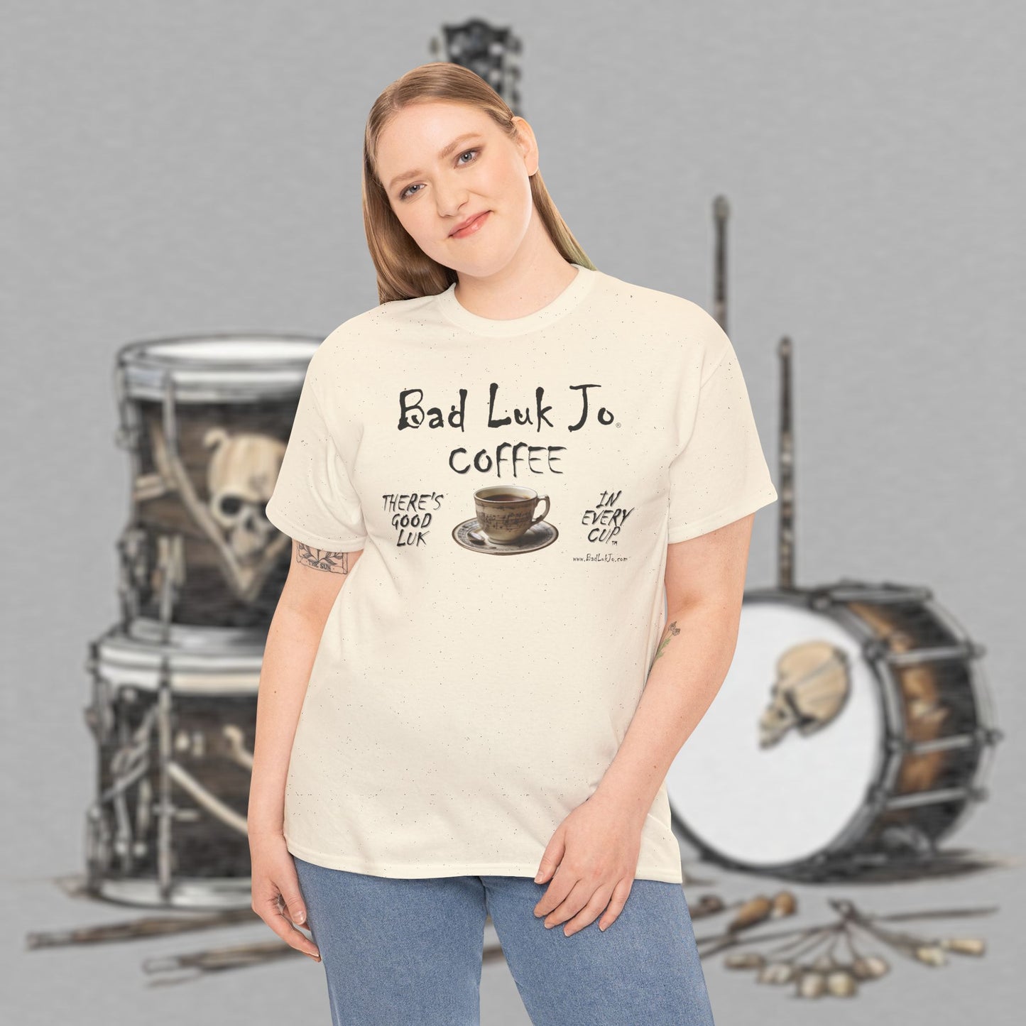 Bad Luk Jo Unisex Heavy Cotton Tee - "There's Good Luk in Every Cup" - Perfect Gift for Coffee Lovers - FREE ECONOMY SHIPPING