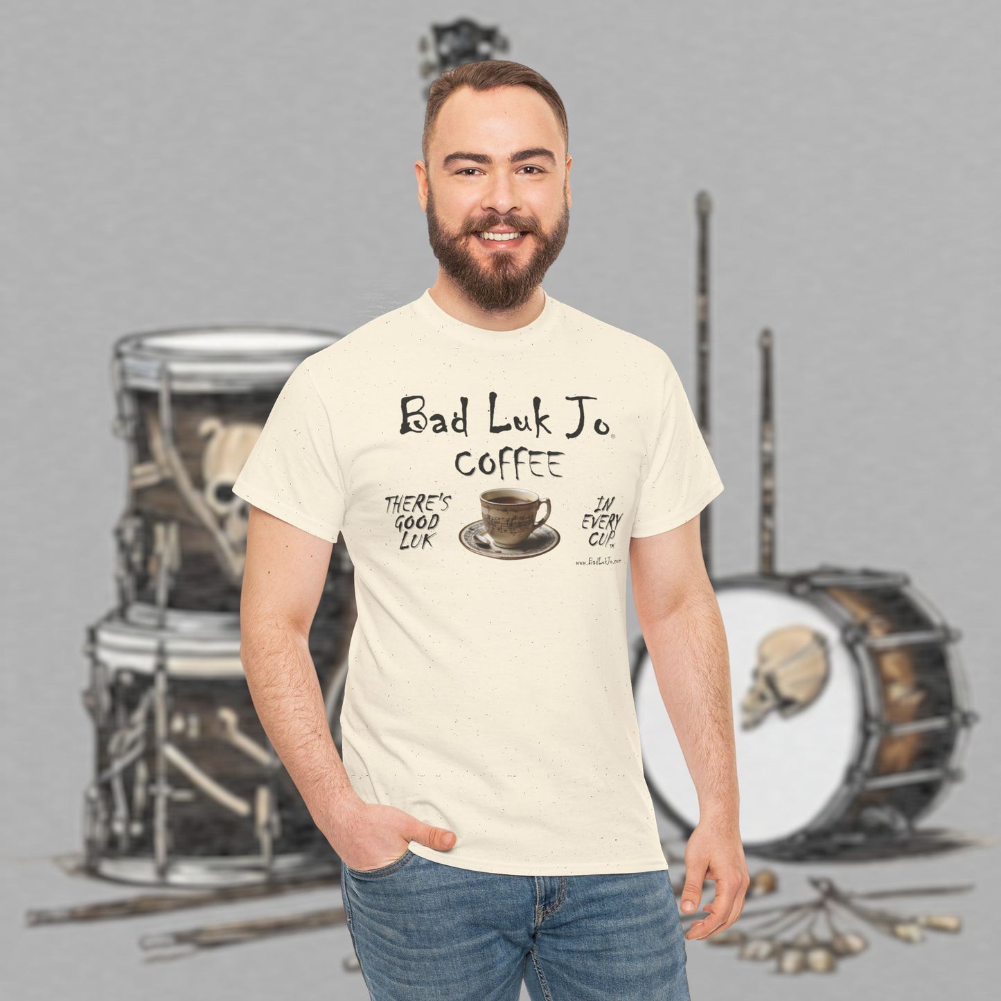 Bad Luk Jo Unisex Heavy Cotton Tee - "There's Good Luk in Every Cup" - Perfect Gift for Coffee Lovers - FREE ECONOMY SHIPPING