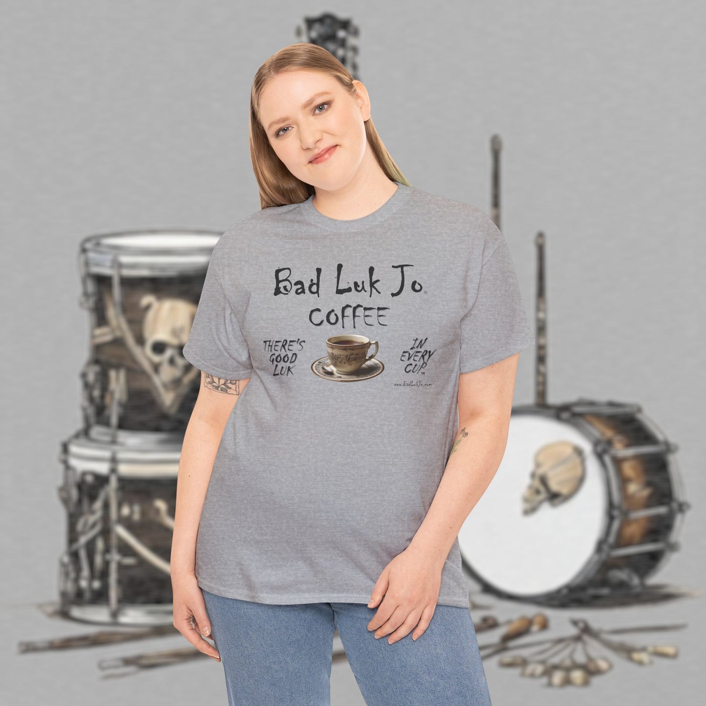 Bad Luk Jo Unisex Heavy Cotton Tee - "There's Good Luk in Every Cup" - Perfect Gift for Coffee Lovers - FREE ECONOMY SHIPPING