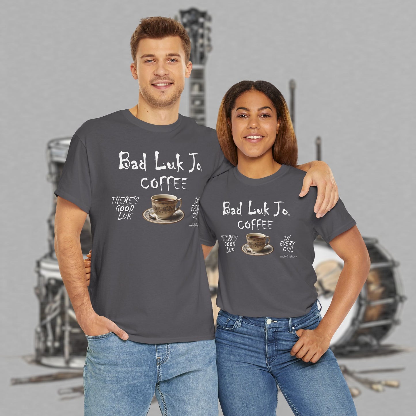 Bad Luk Jo Unisex Heavy Cotton Tee - "There's Good Luk in Every Cup" - Perfect Gift for Coffee Lovers - FREE ECONOMY SHIPPING