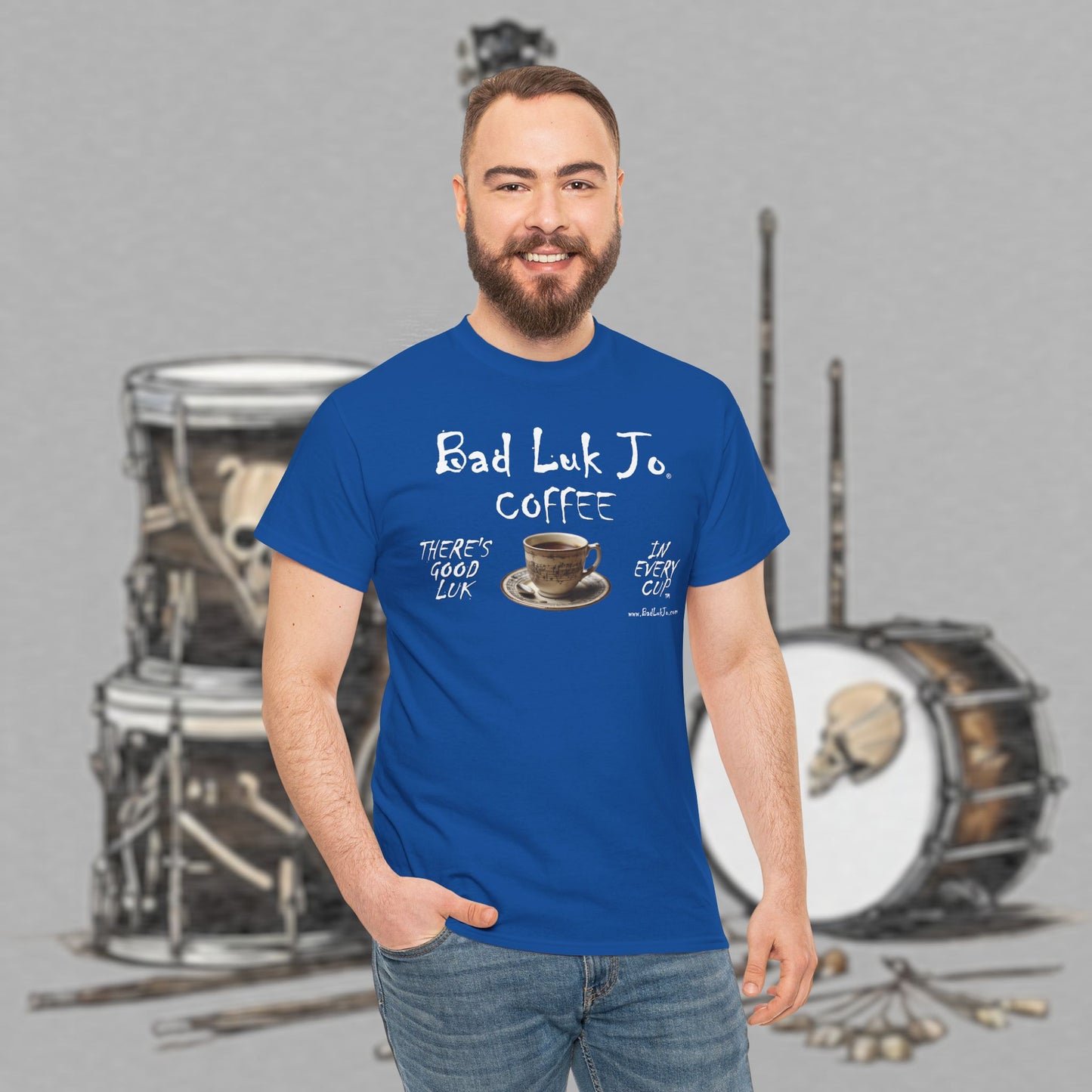 Bad Luk Jo Unisex Heavy Cotton Tee - "There's Good Luk in Every Cup" - Perfect Gift for Coffee Lovers - FREE ECONOMY SHIPPING