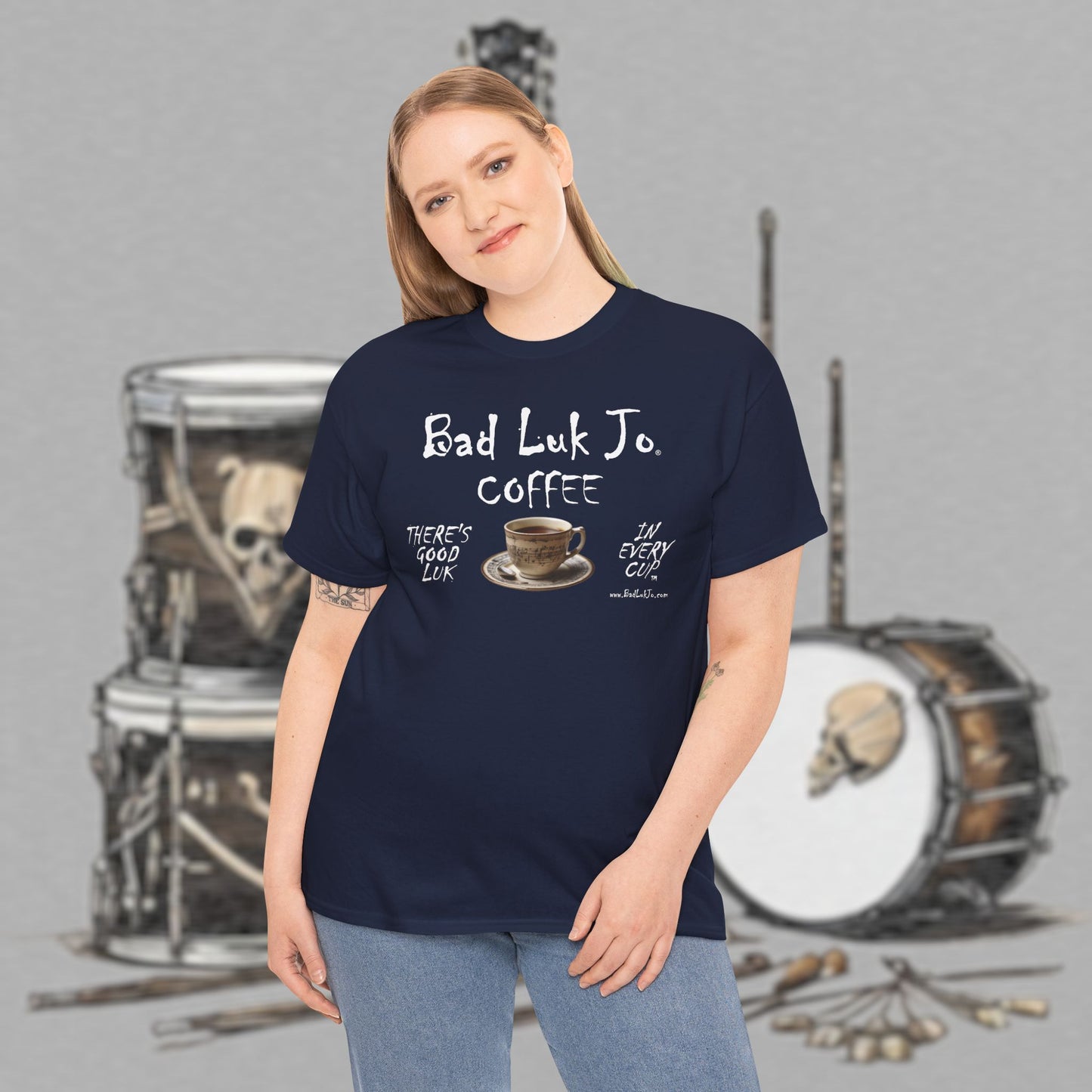 Bad Luk Jo Unisex Heavy Cotton Tee - "There's Good Luk in Every Cup" - Perfect Gift for Coffee Lovers - FREE ECONOMY SHIPPING