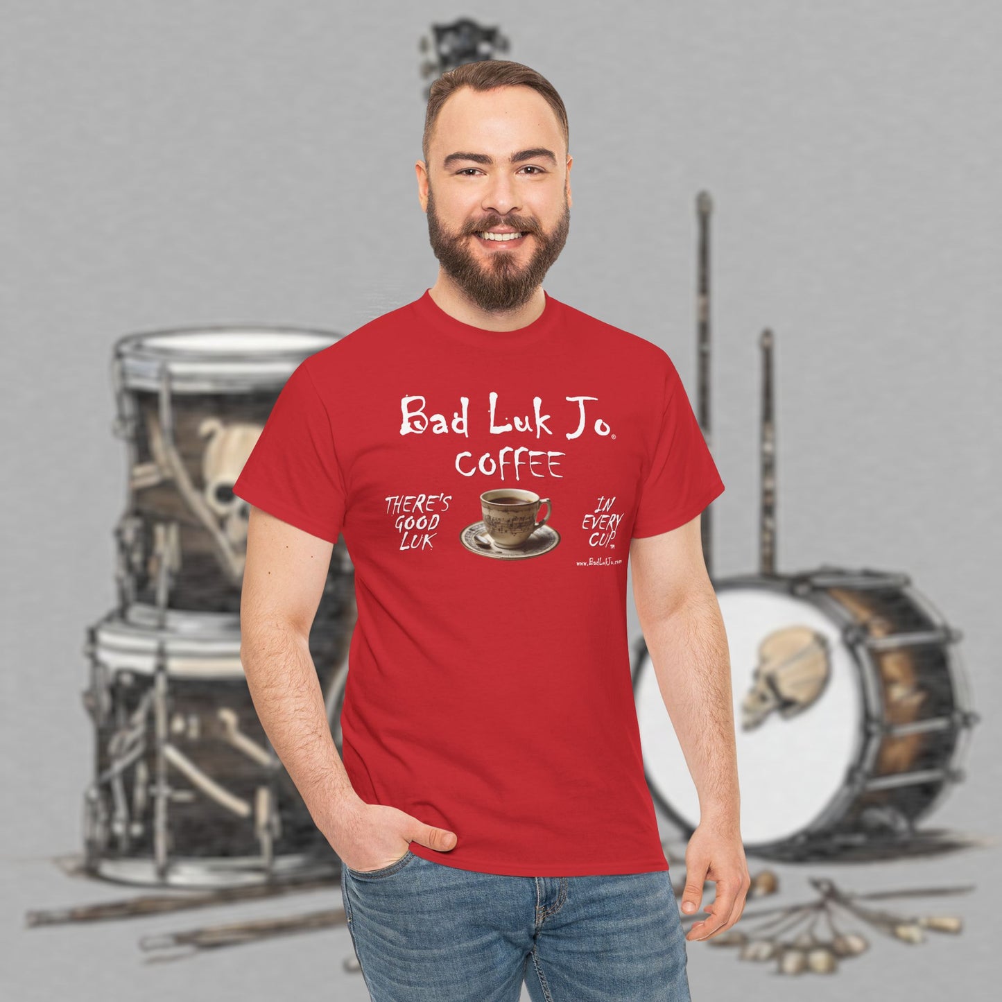 Bad Luk Jo Unisex Heavy Cotton Tee - "There's Good Luk in Every Cup" - Perfect Gift for Coffee Lovers - FREE ECONOMY SHIPPING