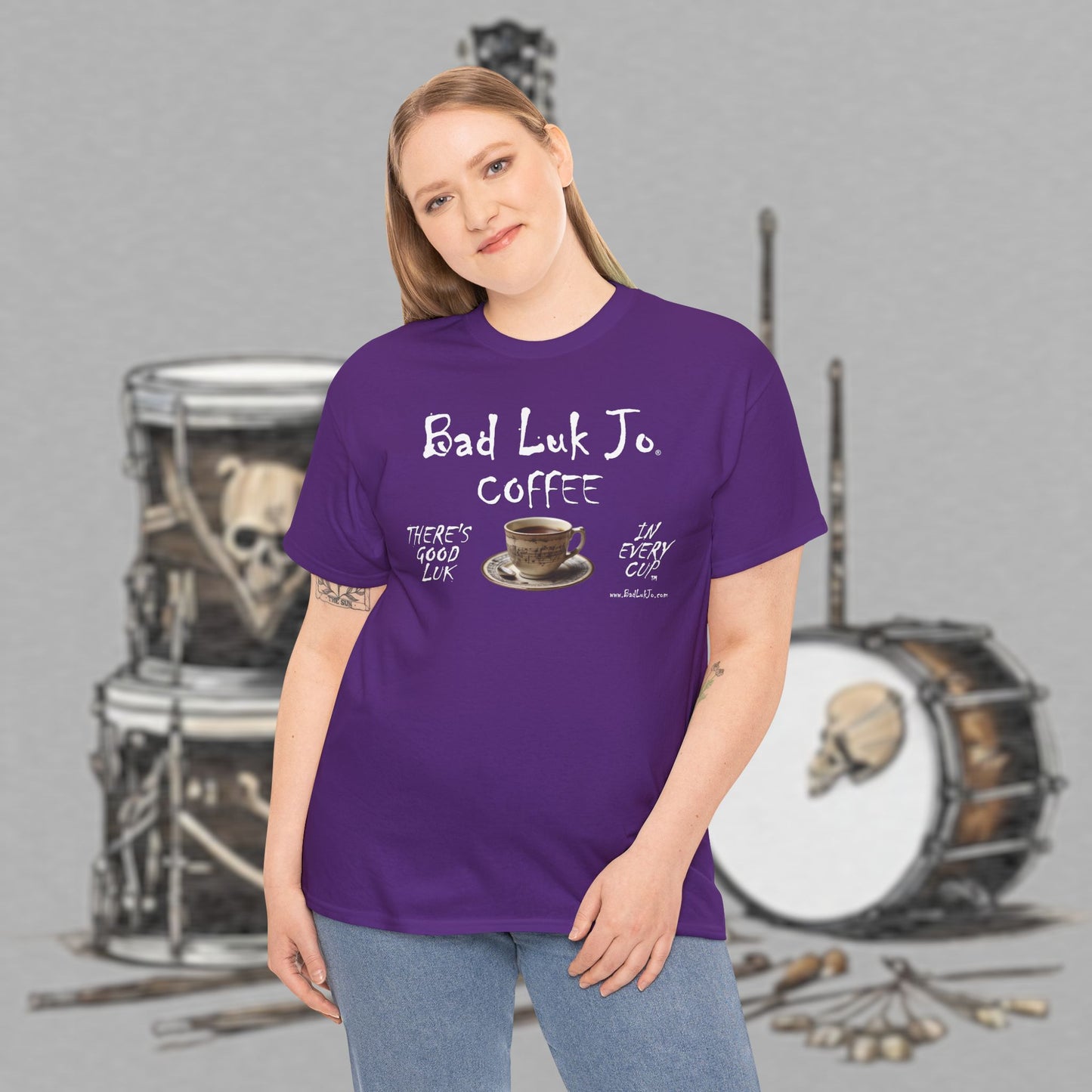 Bad Luk Jo Unisex Heavy Cotton Tee - "There's Good Luk in Every Cup" - Perfect Gift for Coffee Lovers - FREE ECONOMY SHIPPING