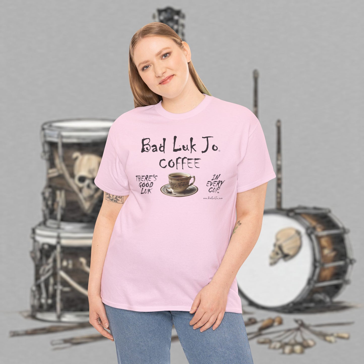 Bad Luk Jo Unisex Heavy Cotton Tee - "There's Good Luk in Every Cup" - Perfect Gift for Coffee Lovers - FREE ECONOMY SHIPPING