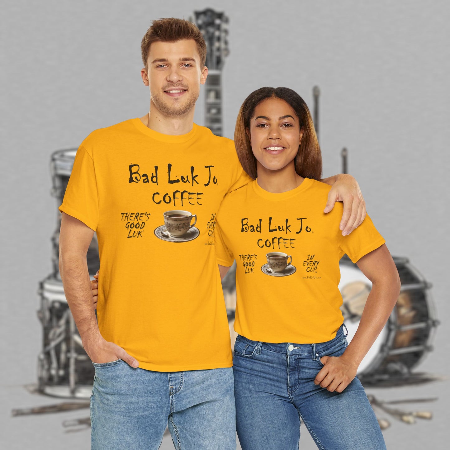 Bad Luk Jo Unisex Heavy Cotton Tee - "There's Good Luk in Every Cup" - Perfect Gift for Coffee Lovers - FREE ECONOMY SHIPPING