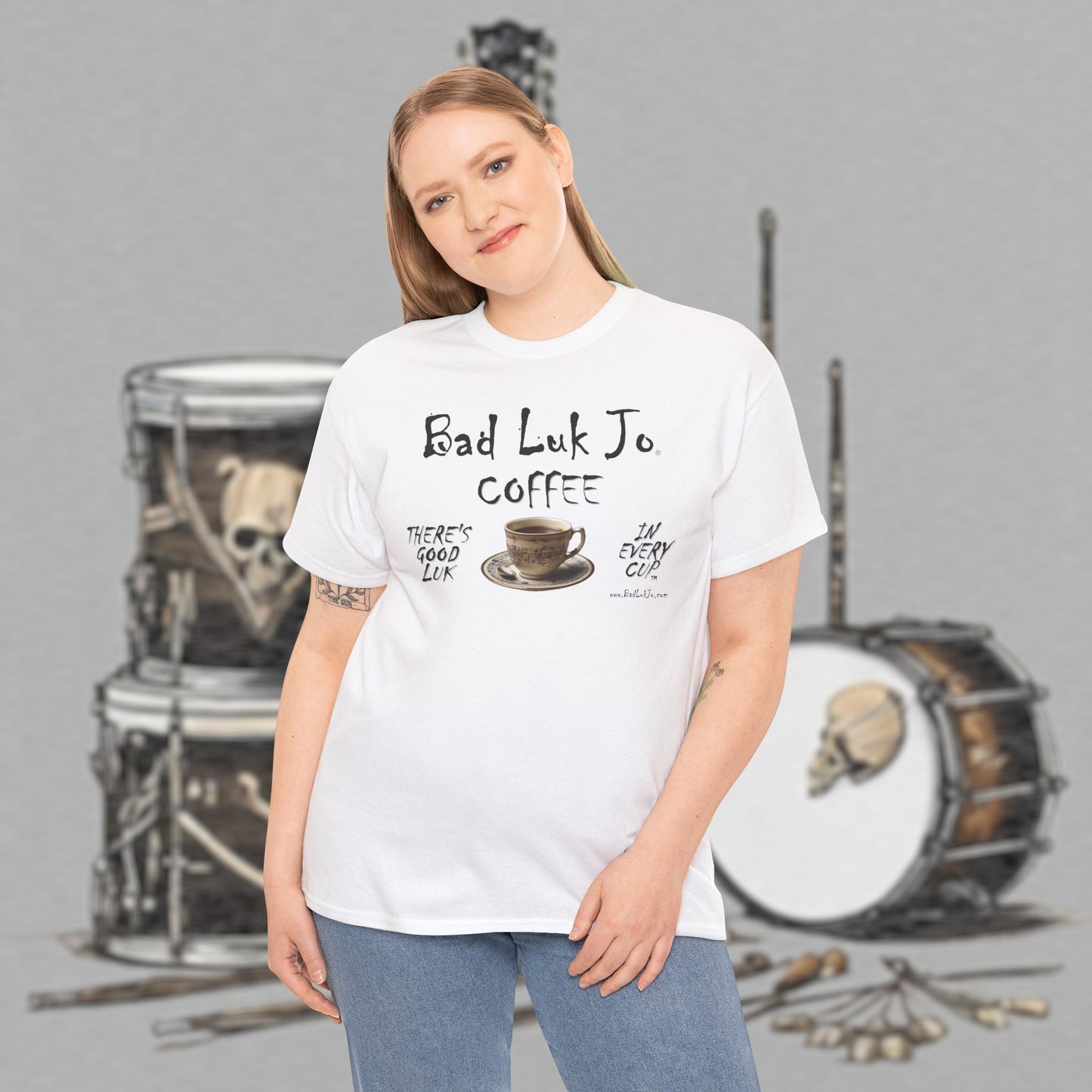 Bad Luk Jo Unisex Heavy Cotton Tee - "There's Good Luk in Every Cup" - Perfect Gift for Coffee Lovers - FREE ECONOMY SHIPPING