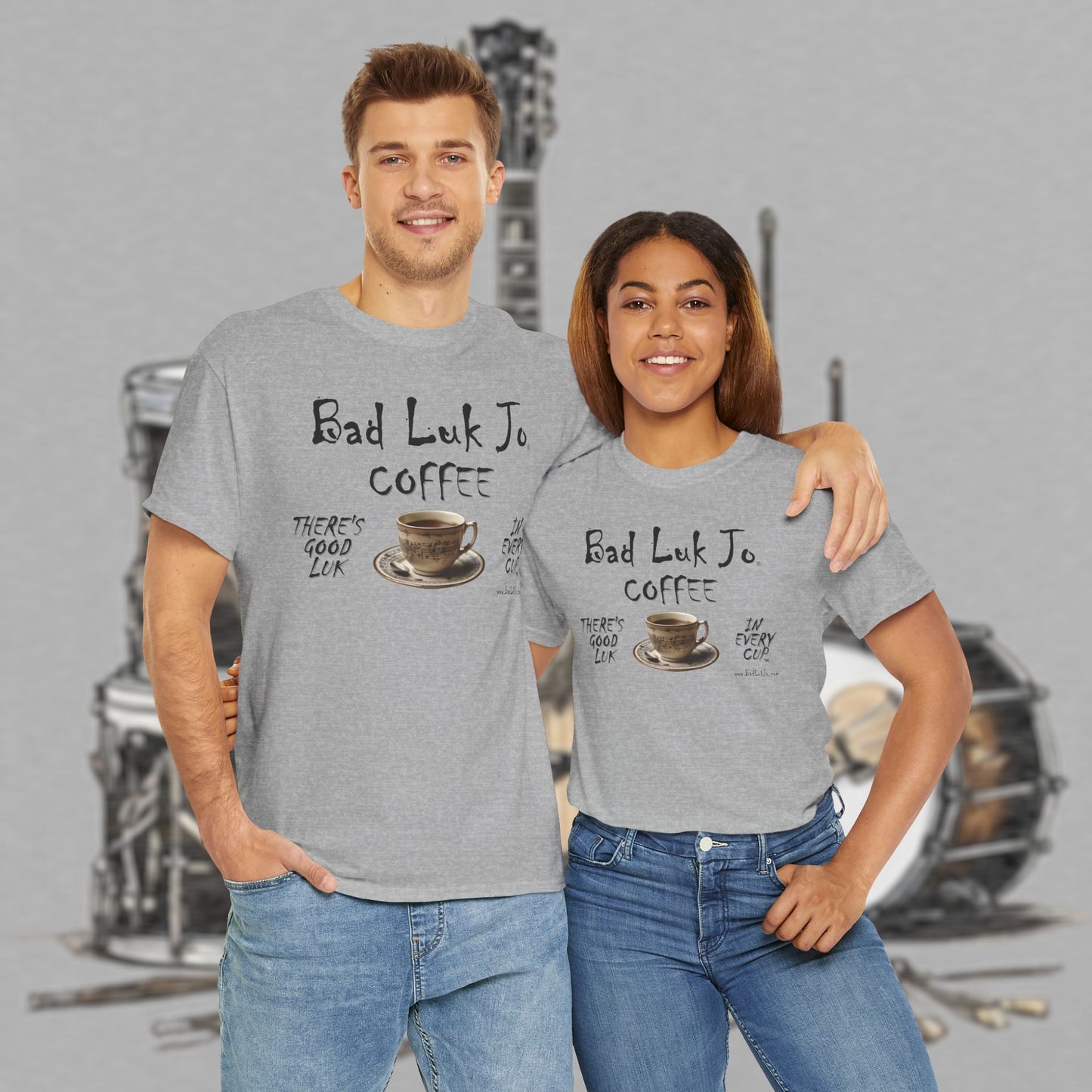 Bad Luk Jo Unisex Heavy Cotton Tee - "There's Good Luk in Every Cup" - Perfect Gift for Coffee Lovers - FREE ECONOMY SHIPPING