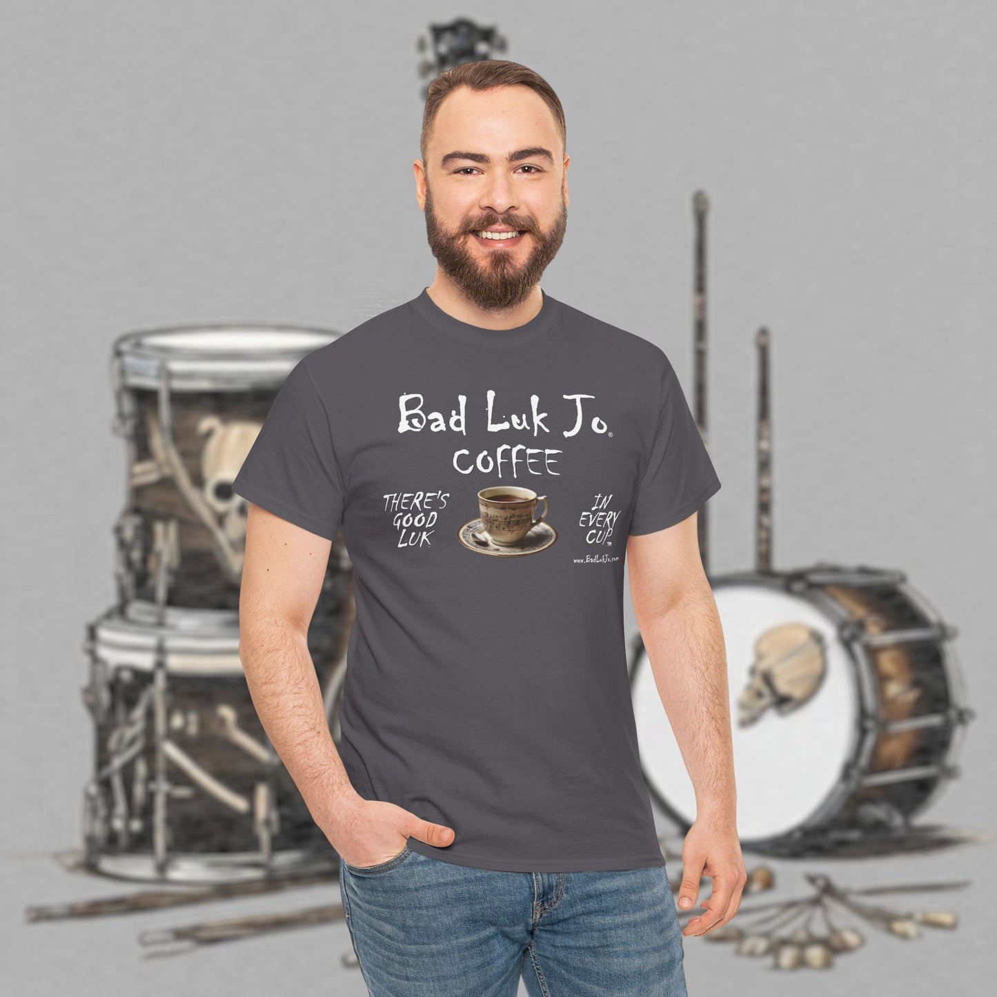 Bad Luk Jo Unisex Heavy Cotton Tee - "There's Good Luk in Every Cup" - Perfect Gift for Coffee Lovers - FREE ECONOMY SHIPPING