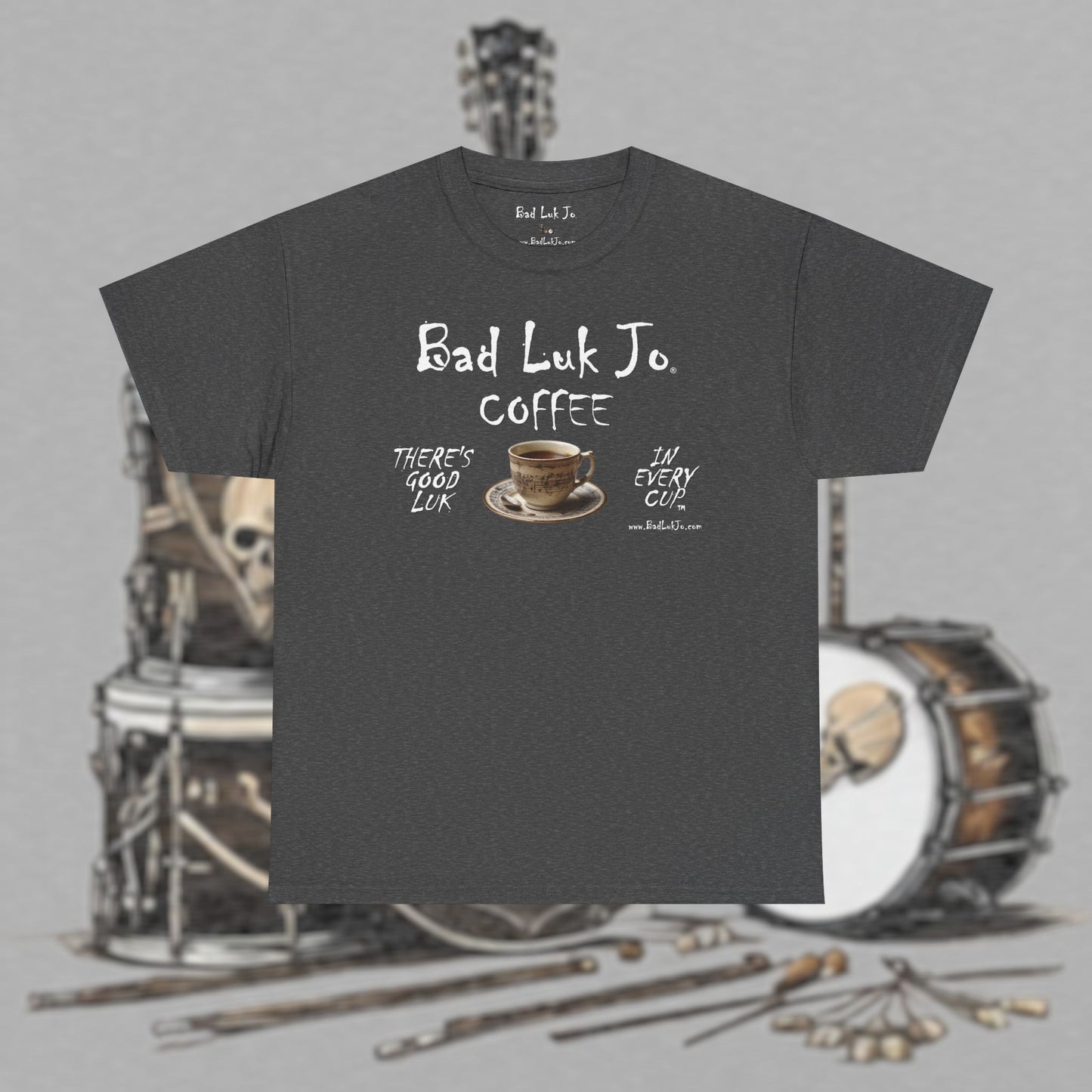 Bad Luk Jo Unisex Heavy Cotton Tee - "There's Good Luk in Every Cup" - Perfect Gift for Coffee Lovers - FREE ECONOMY SHIPPING
