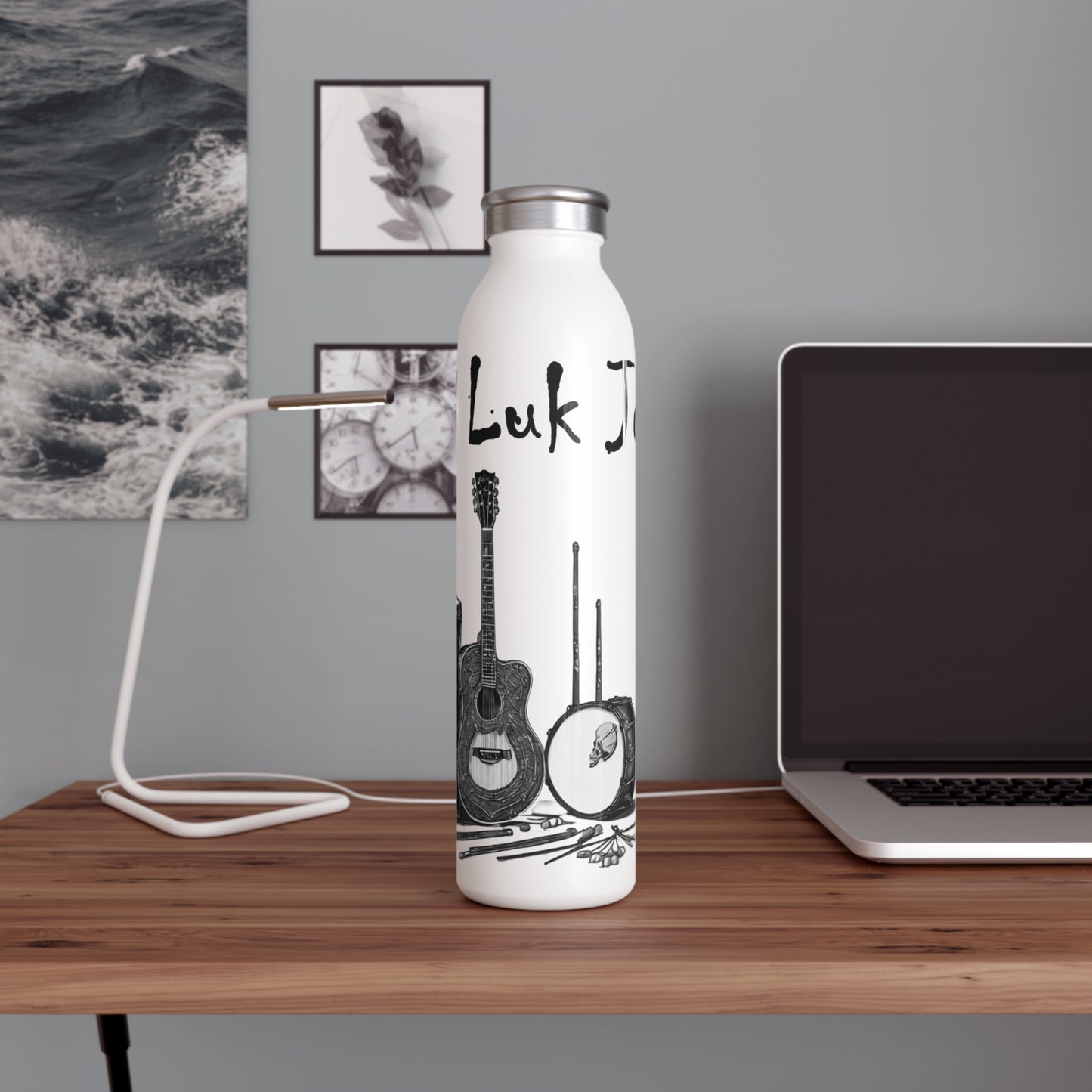 Bad Luk Jo Slim Stainless Steel Water Bottle - Stylish Guitar and Drum Design - Perfect for Music Lovers - 20oz. - FREE ECONOMY SHIPPING