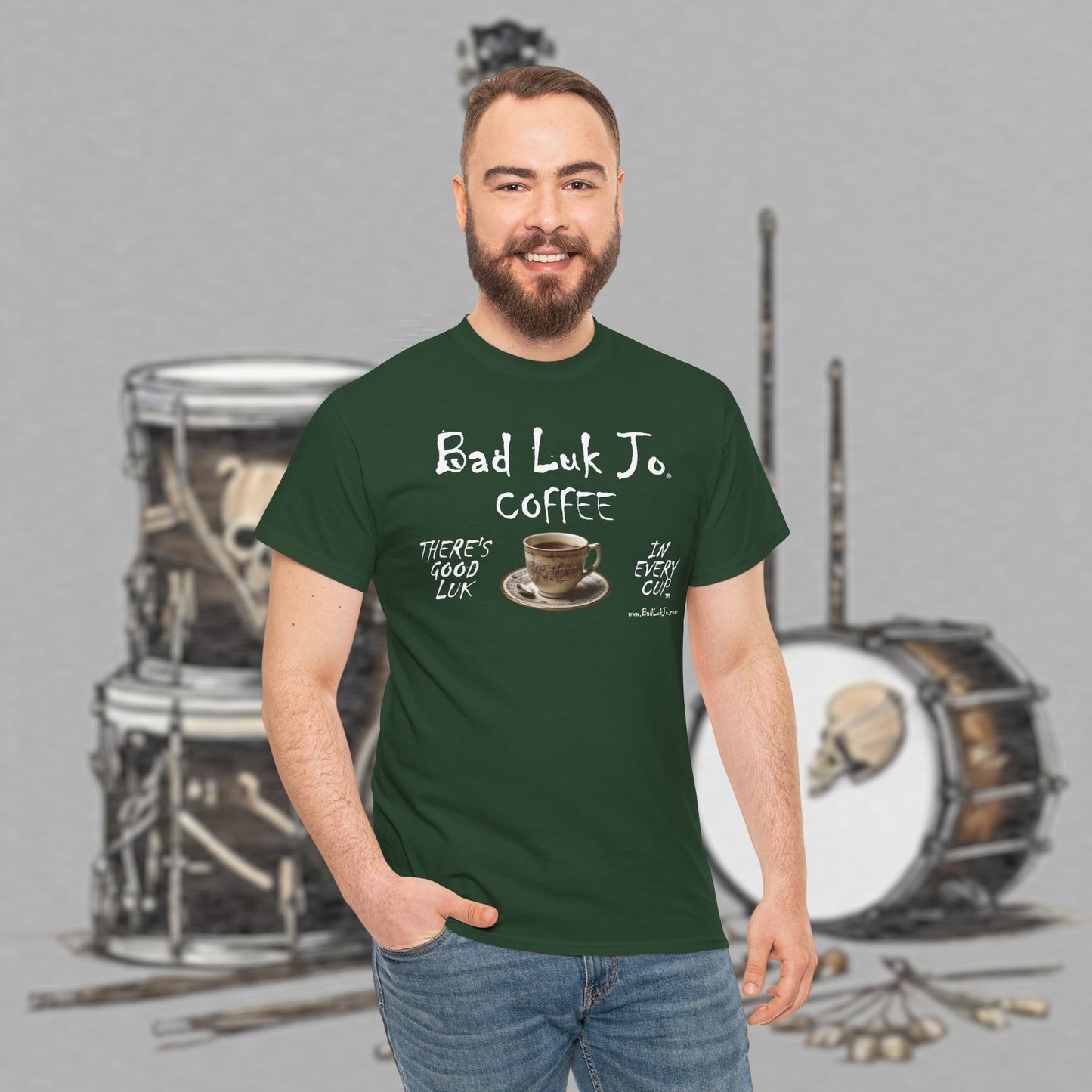 Bad Luk Jo Unisex Heavy Cotton Tee - "There's Good Luk in Every Cup" - Perfect Gift for Coffee Lovers - FREE ECONOMY SHIPPING