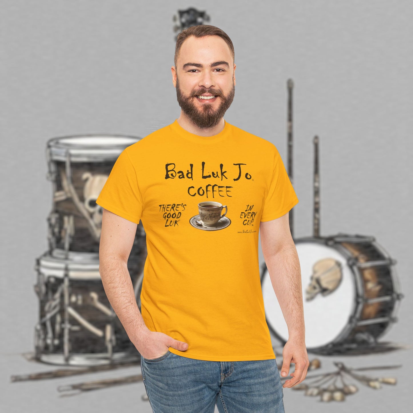 Bad Luk Jo Unisex Heavy Cotton Tee - "There's Good Luk in Every Cup" - Perfect Gift for Coffee Lovers - FREE ECONOMY SHIPPING