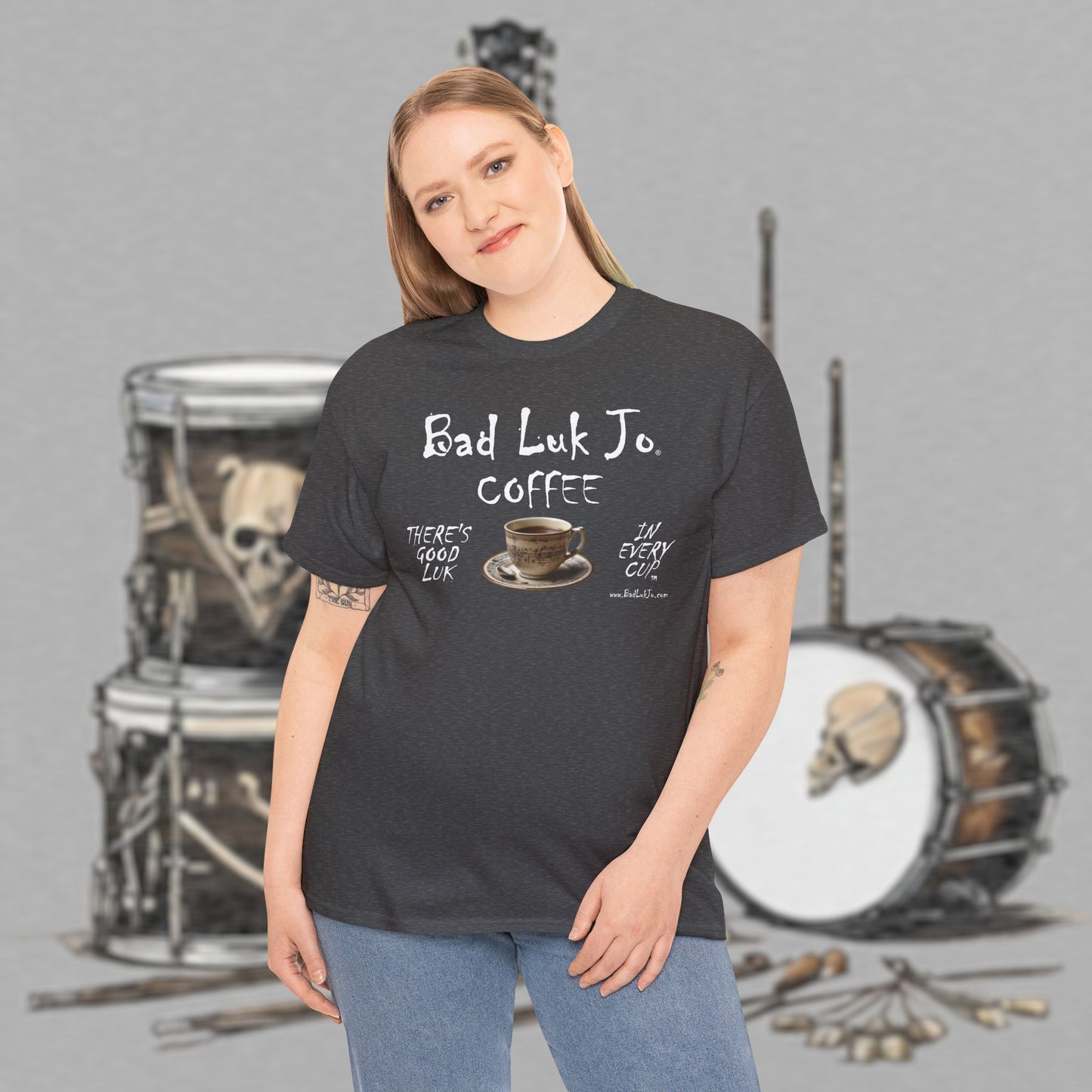 Bad Luk Jo Unisex Heavy Cotton Tee - "There's Good Luk in Every Cup" - Perfect Gift for Coffee Lovers - FREE ECONOMY SHIPPING