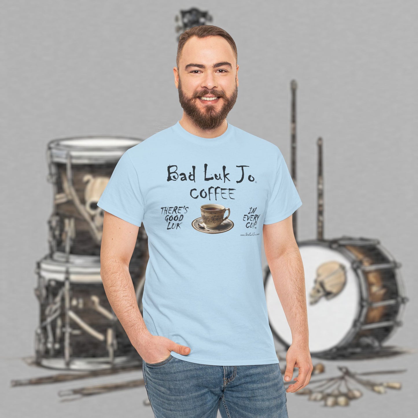 Bad Luk Jo Unisex Heavy Cotton Tee - "There's Good Luk in Every Cup" - Perfect Gift for Coffee Lovers - FREE ECONOMY SHIPPING