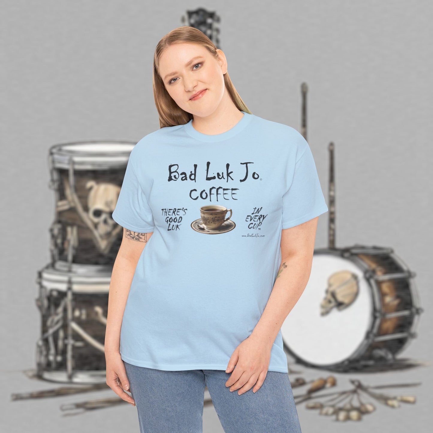 Bad Luk Jo Unisex Heavy Cotton Tee - "There's Good Luk in Every Cup" - Perfect Gift for Coffee Lovers - FREE ECONOMY SHIPPING