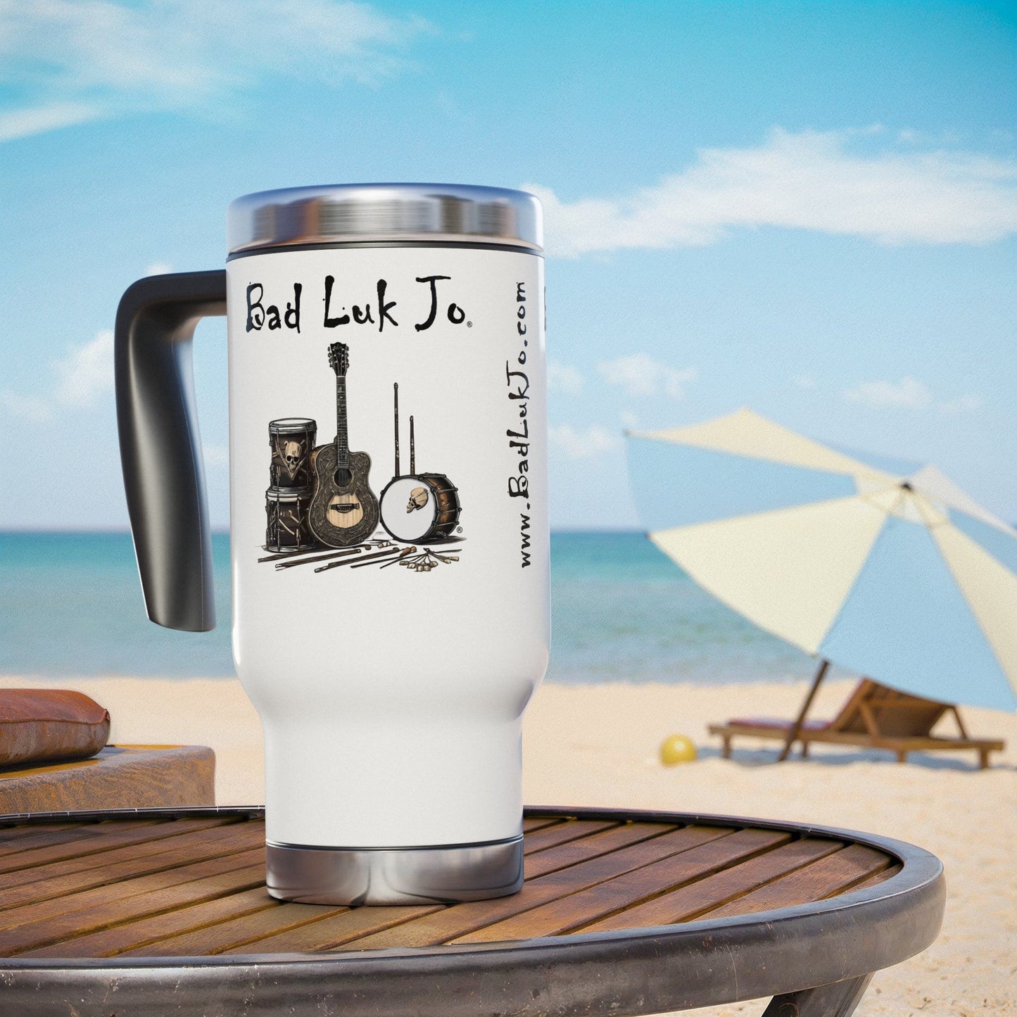 Bad Luk Jo Stainless Steel Travel Mug - 14oz Coffee Lover's Beverage Tumbler with Handle - FREE ECONOMY SHIPPING