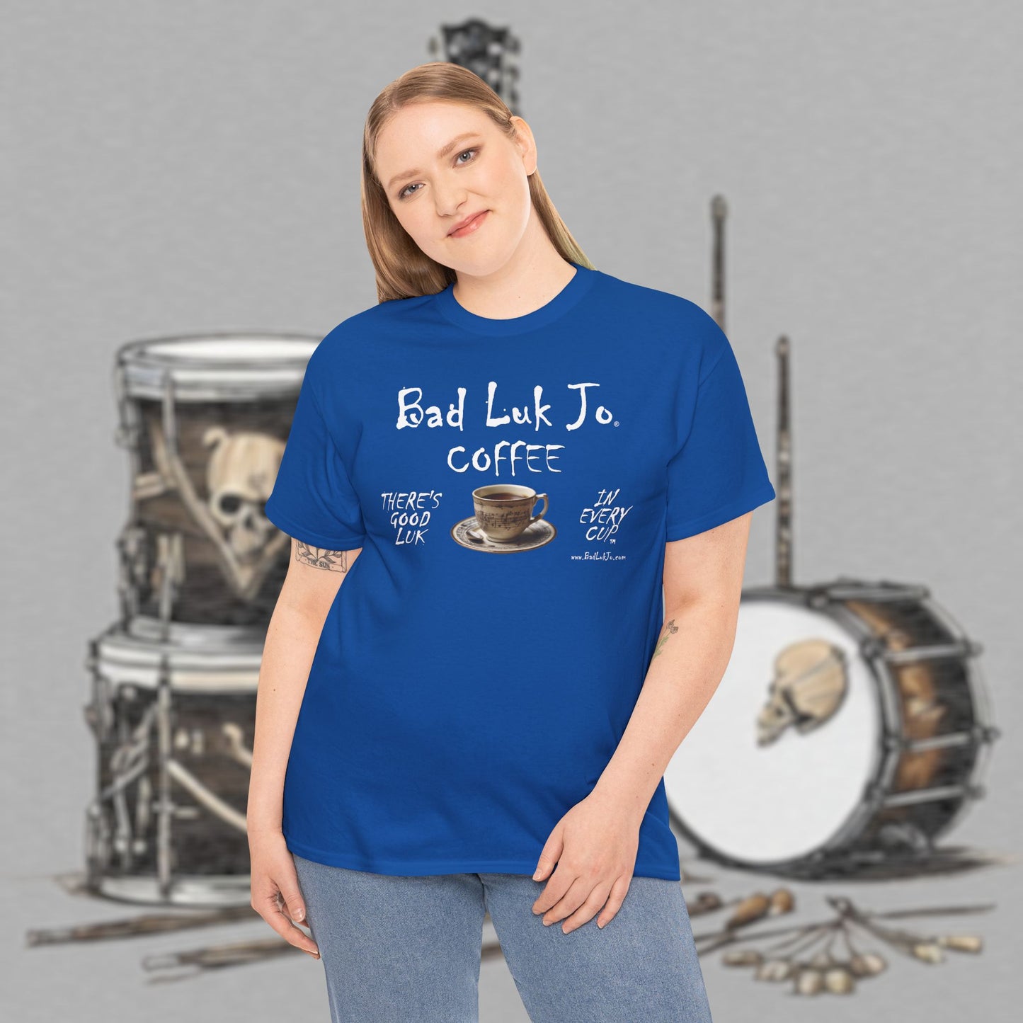 Bad Luk Jo Unisex Heavy Cotton Tee - "There's Good Luk in Every Cup" - Perfect Gift for Coffee Lovers - FREE ECONOMY SHIPPING