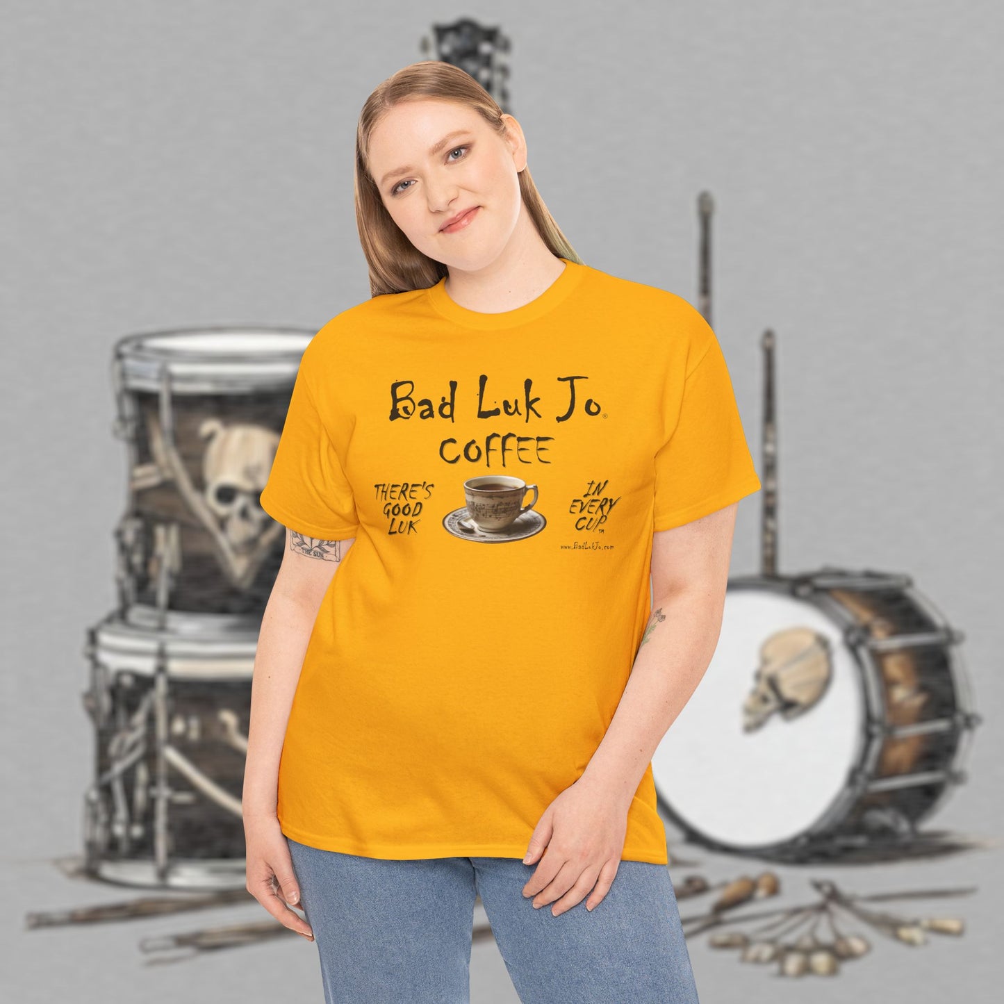 Bad Luk Jo Unisex Heavy Cotton Tee - "There's Good Luk in Every Cup" - Perfect Gift for Coffee Lovers - FREE ECONOMY SHIPPING
