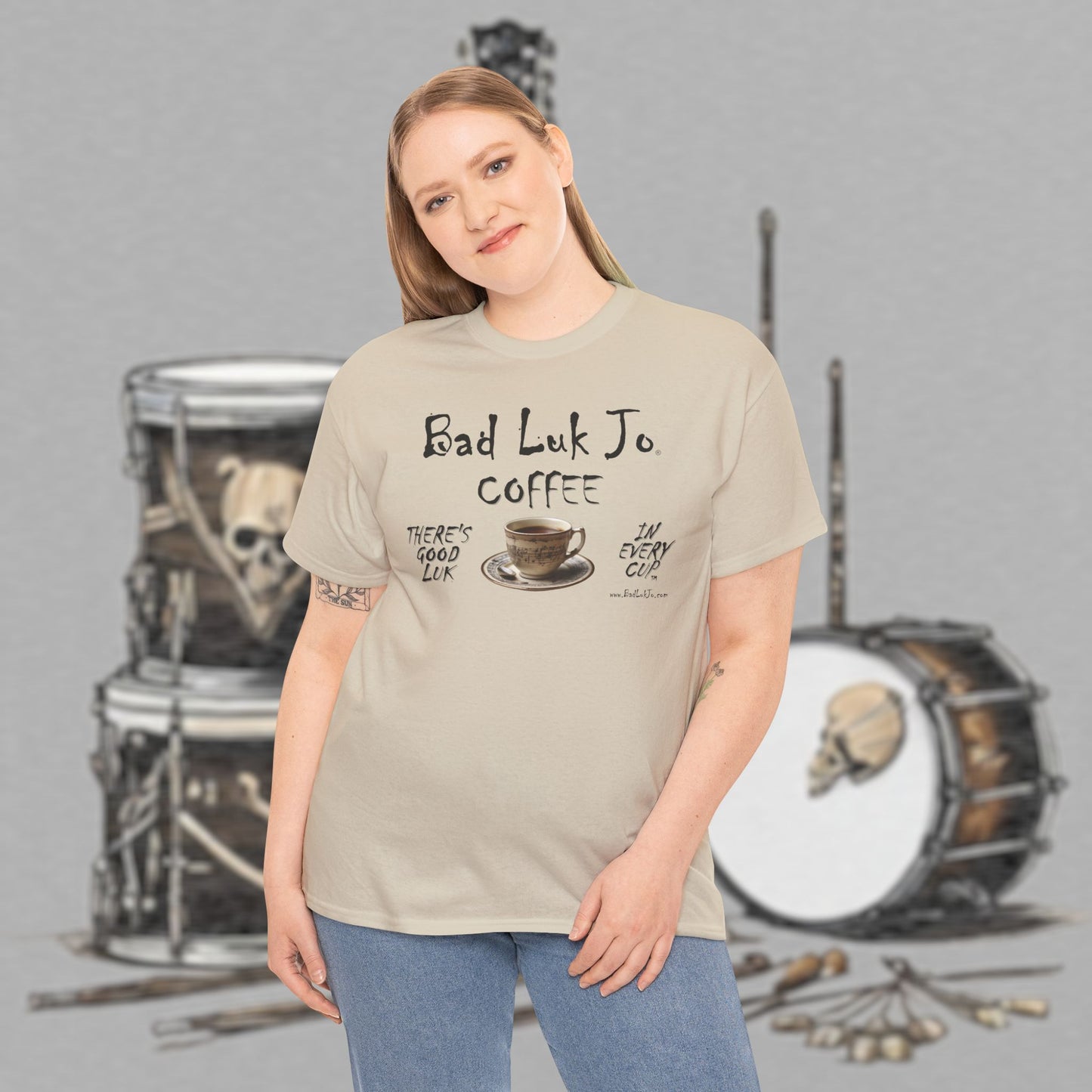 Bad Luk Jo Unisex Heavy Cotton Tee - "There's Good Luk in Every Cup" - Perfect Gift for Coffee Lovers - FREE ECONOMY SHIPPING