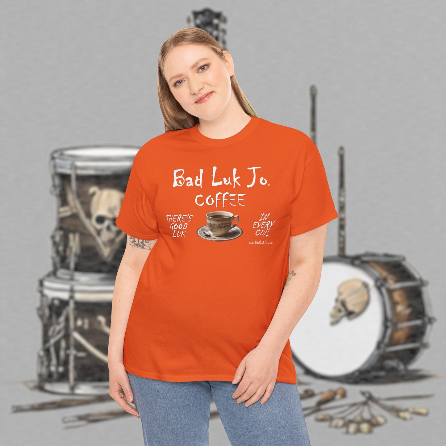 Bad Luk Jo Unisex Heavy Cotton Tee - "There's Good Luk in Every Cup" - Perfect Gift for Coffee Lovers - FREE ECONOMY SHIPPING