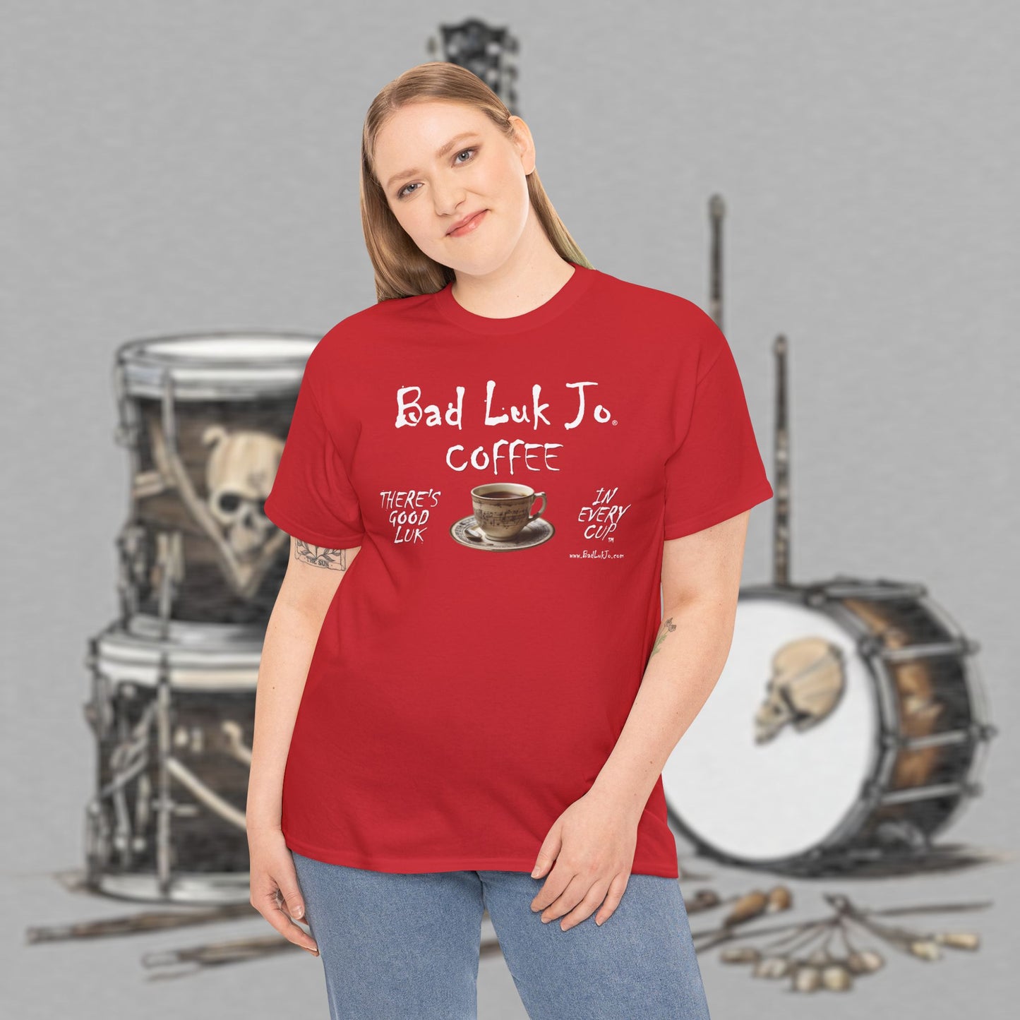 Bad Luk Jo Unisex Heavy Cotton Tee - "There's Good Luk in Every Cup" - Perfect Gift for Coffee Lovers - FREE ECONOMY SHIPPING