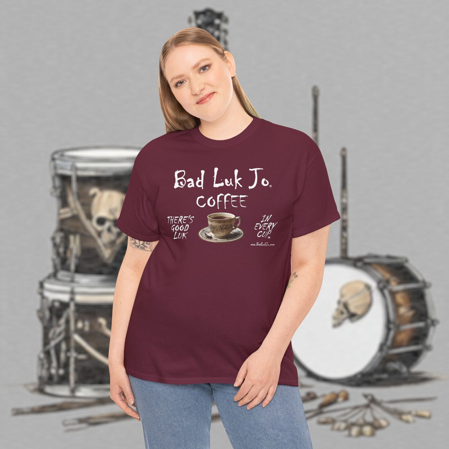 Bad Luk Jo Unisex Heavy Cotton Tee - "There's Good Luk in Every Cup" - Perfect Gift for Coffee Lovers - FREE ECONOMY SHIPPING