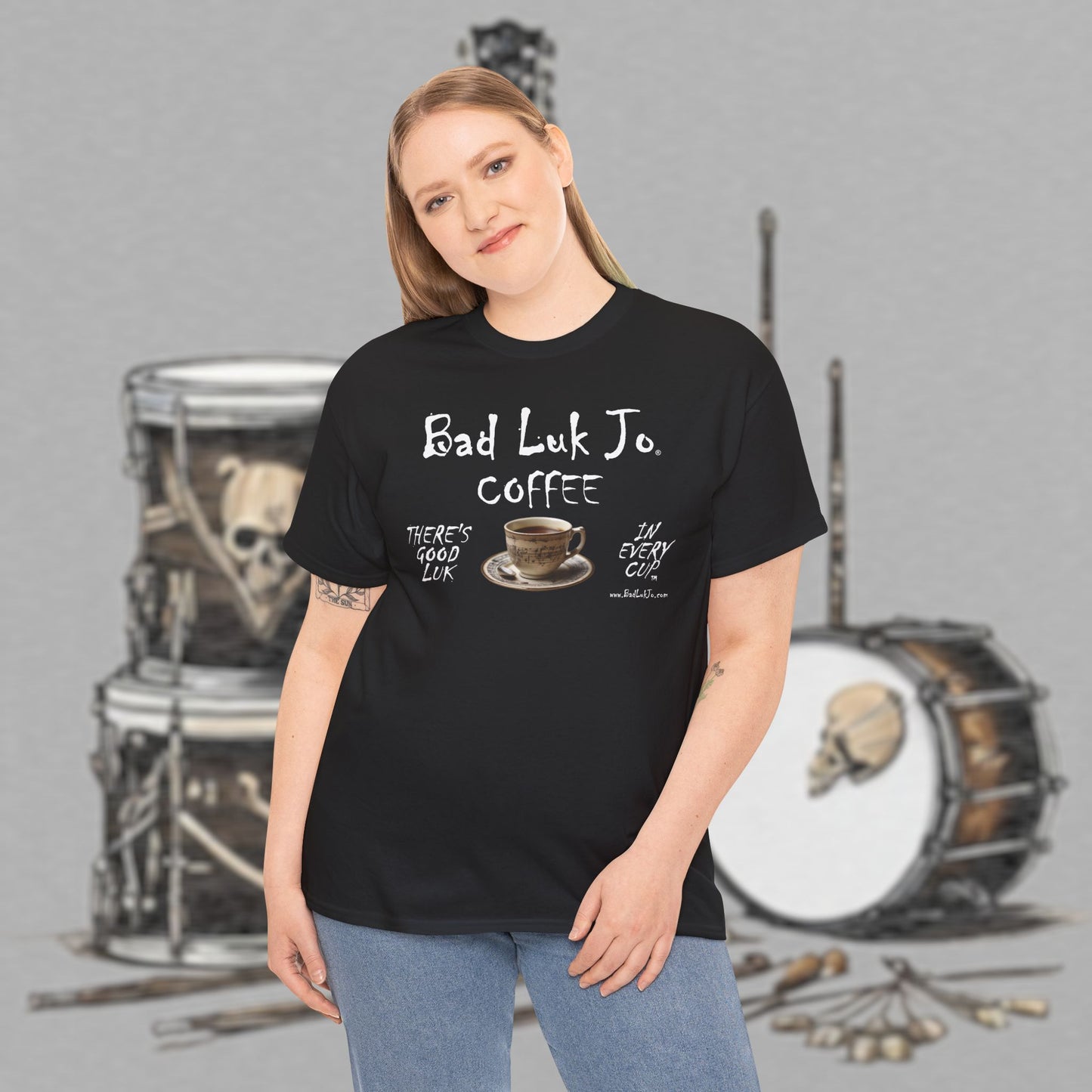 Bad Luk Jo Unisex Heavy Cotton Tee - "There's Good Luk in Every Cup" - Perfect Gift for Coffee Lovers - FREE ECONOMY SHIPPING
