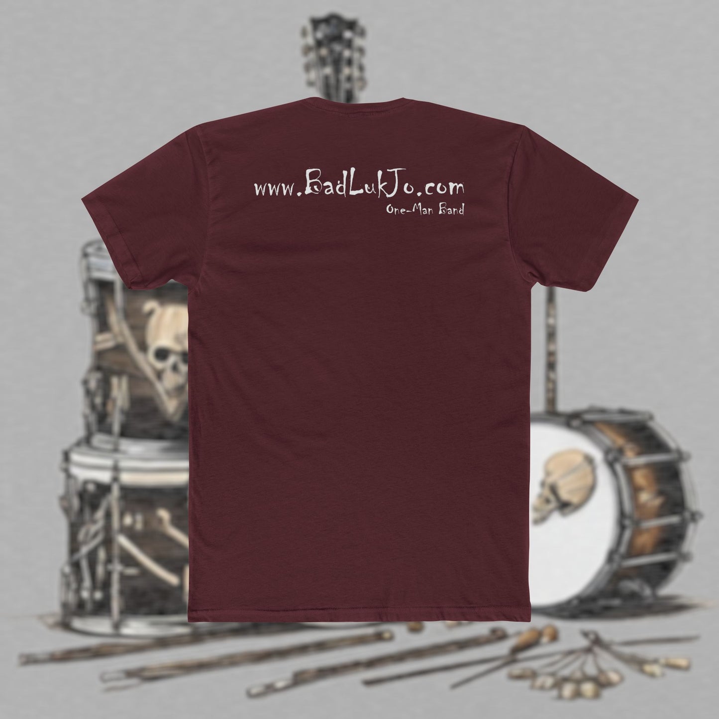 Bad Luk Jo T-Shirt - ORIGINAL Design with Website on Back - Unisex Cotton "Crew Tee" - Classic Fit (Tighter) - Perfect for Musicians and Music Lovers - FREE ECONOMY SHIPPING