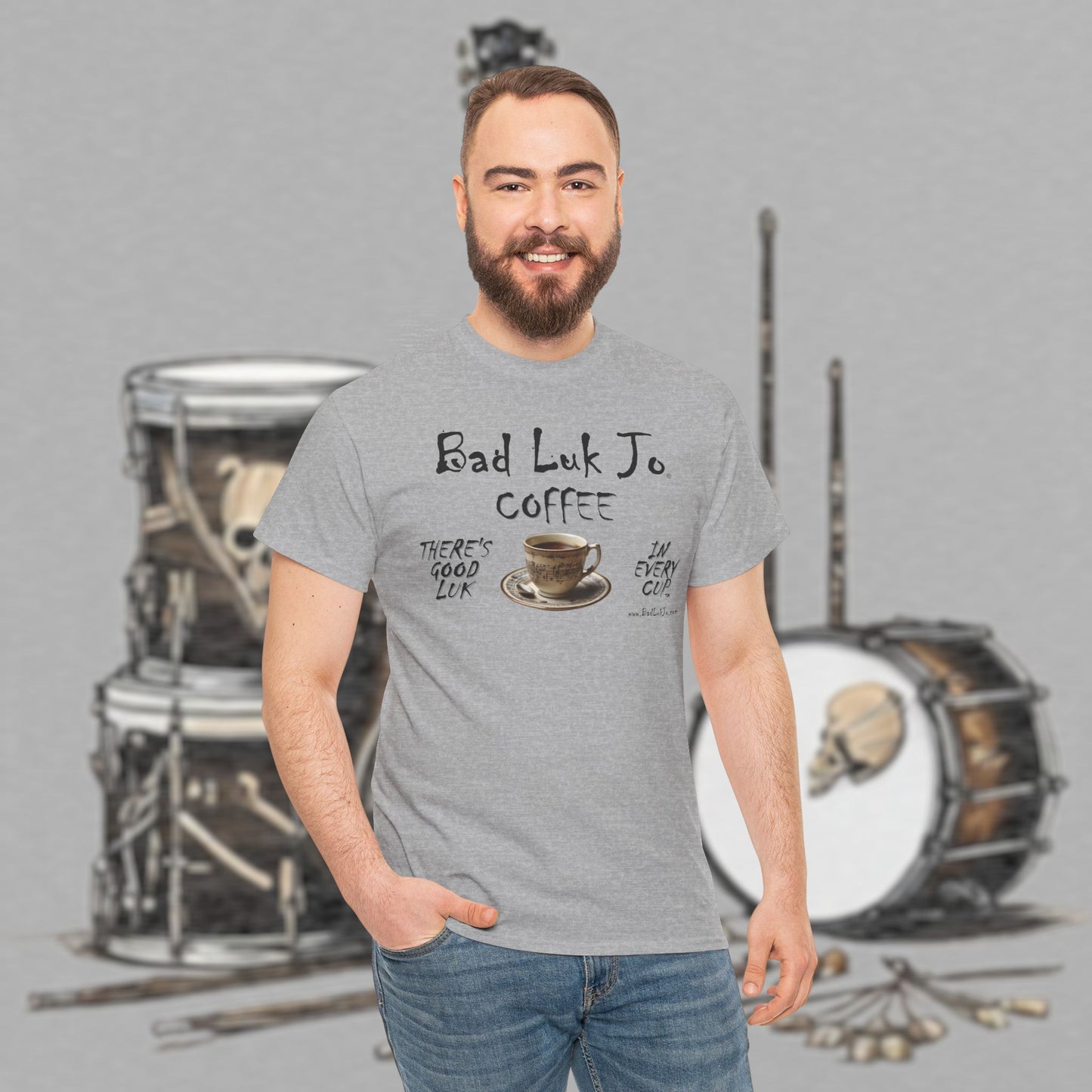 Bad Luk Jo Unisex Heavy Cotton Tee - "There's Good Luk in Every Cup" - Perfect Gift for Coffee Lovers - FREE ECONOMY SHIPPING