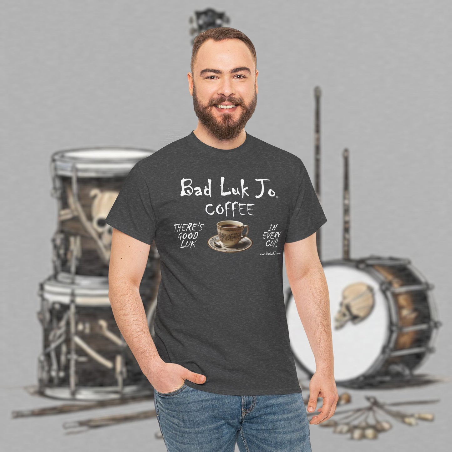 Bad Luk Jo Unisex Heavy Cotton Tee - "There's Good Luk in Every Cup" - Perfect Gift for Coffee Lovers - FREE ECONOMY SHIPPING