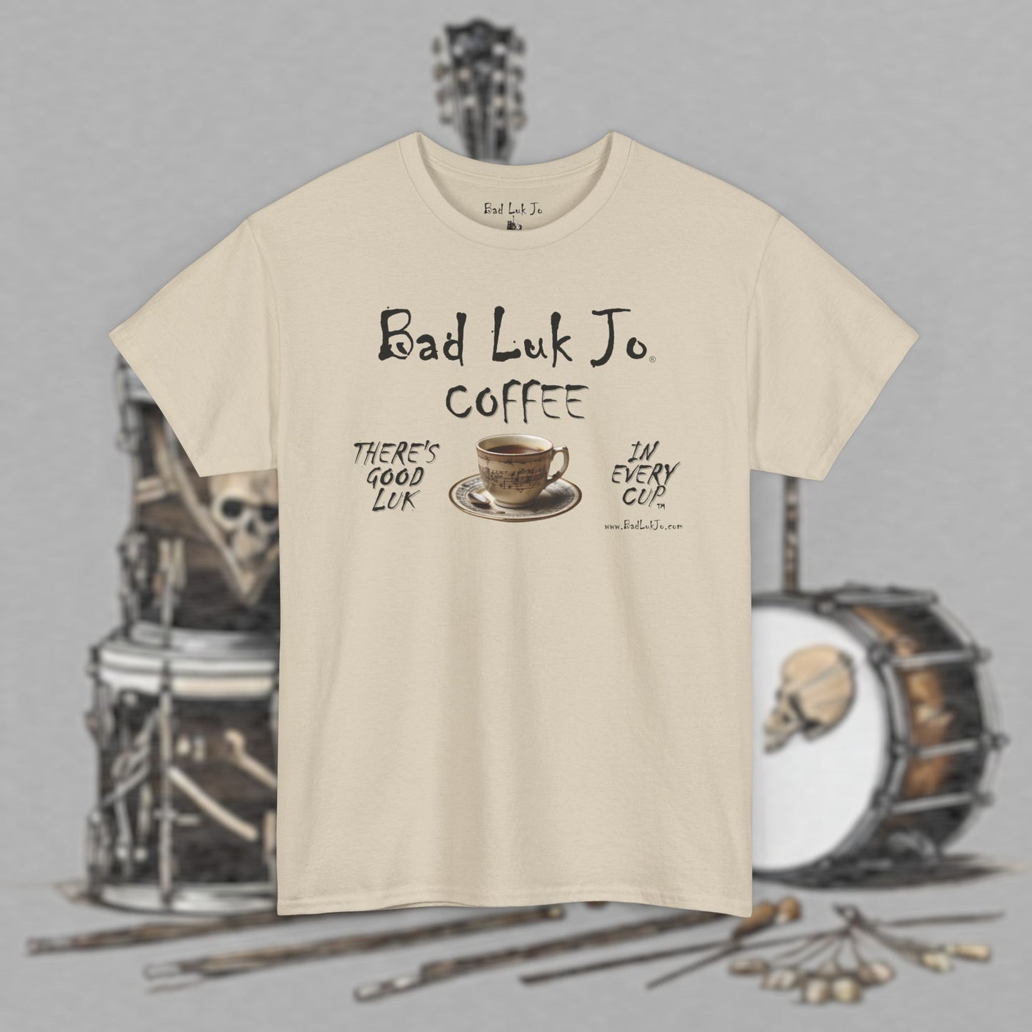 Bad Luk Jo Unisex Heavy Cotton Tee - "There's Good Luk in Every Cup" - Perfect Gift for Coffee Lovers - FREE ECONOMY SHIPPING