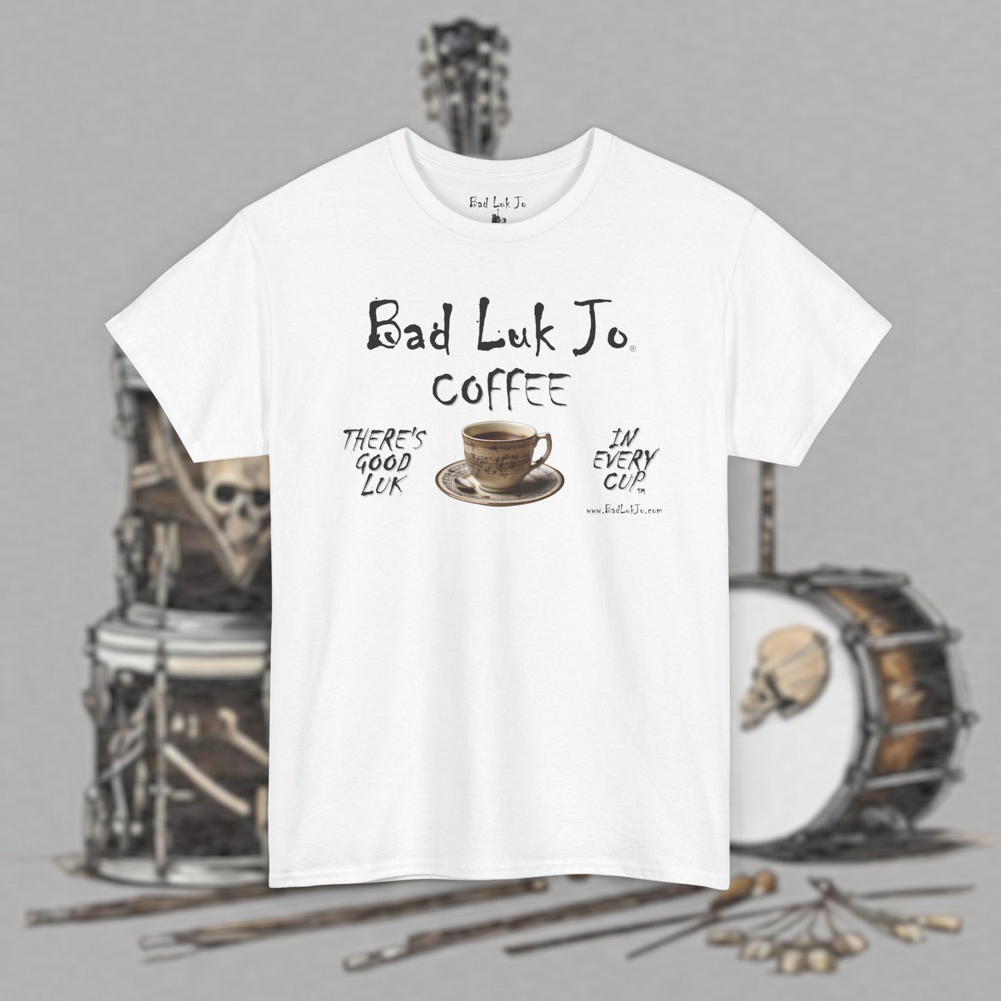 Bad Luk Jo Unisex Heavy Cotton Tee - "There's Good Luk in Every Cup" - Perfect Gift for Coffee Lovers - FREE ECONOMY SHIPPING