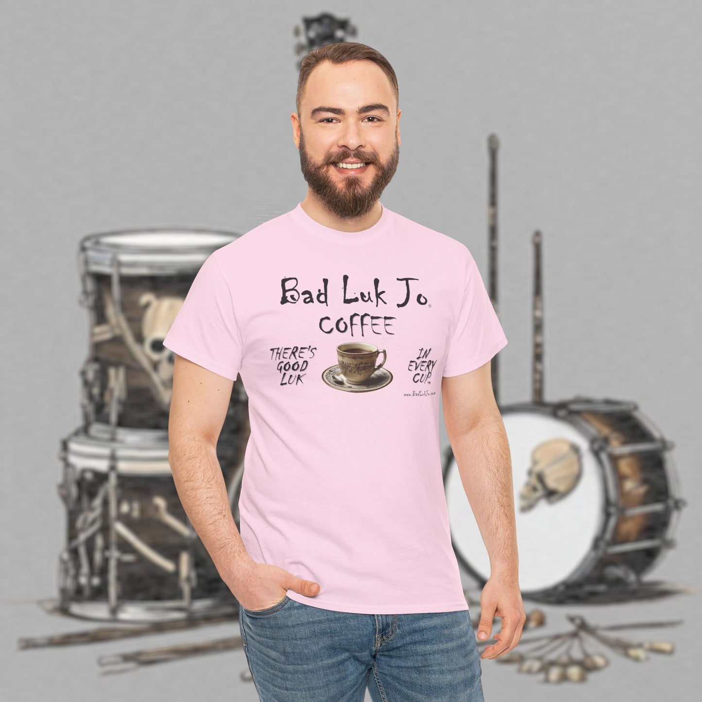 Bad Luk Jo Unisex Heavy Cotton Tee - "There's Good Luk in Every Cup" - Perfect Gift for Coffee Lovers - FREE ECONOMY SHIPPING