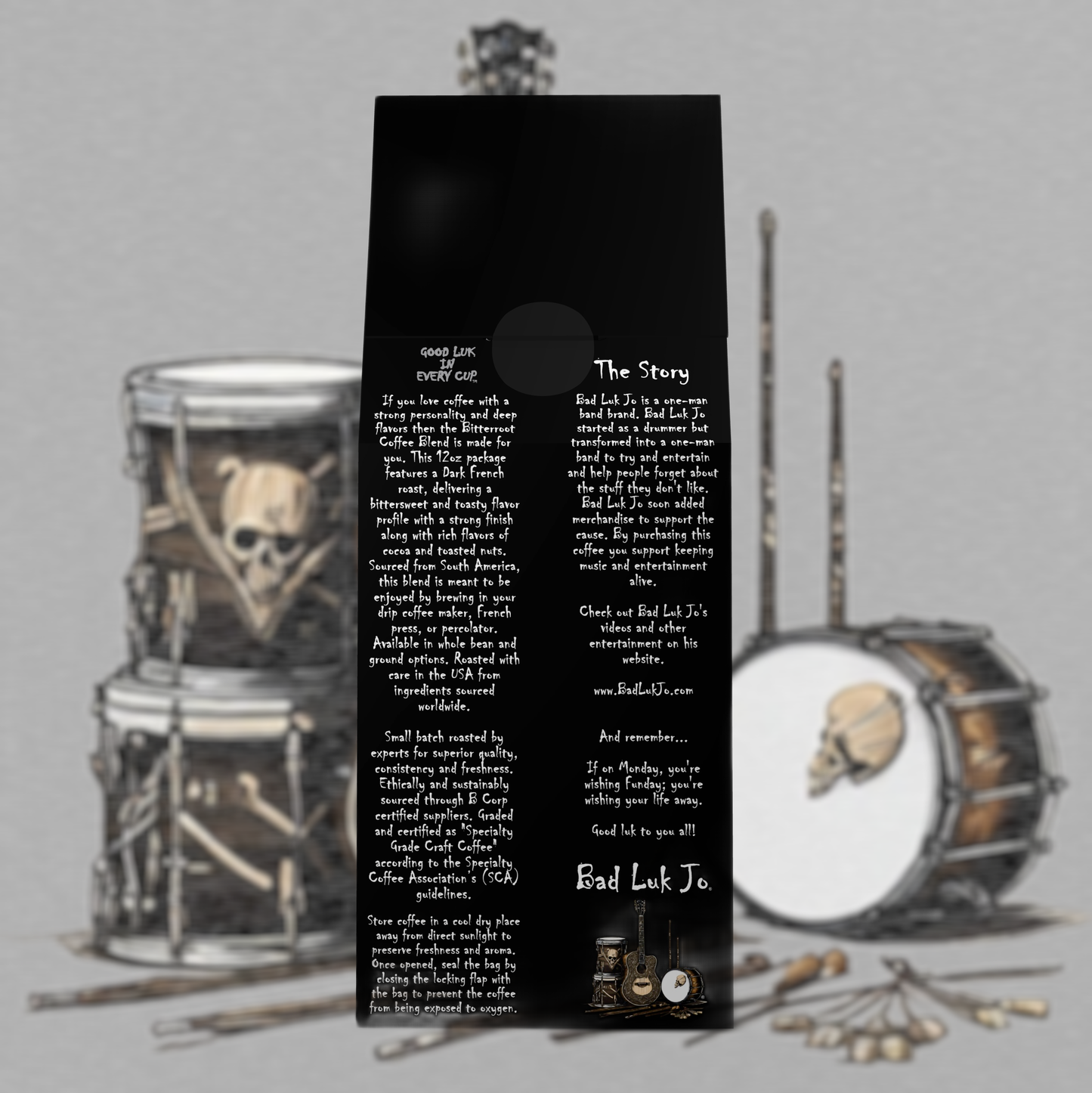 Bad Luk Jo Dark French Roast Ground Coffee - There's Good Luk in Every Cup - 12oz. - FREE STANDARD SHIPPING