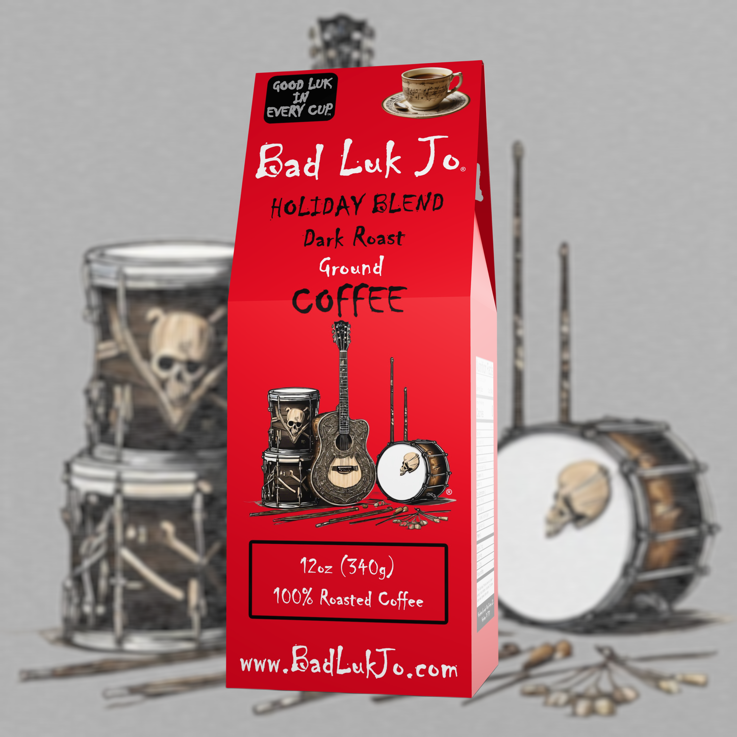 Bad Luk Jo HOLIDAY BLEND Dark Roast Ground Coffee - There's Good Luk in Every Cup - 12oz. - FREE STANDARD SHIPPING