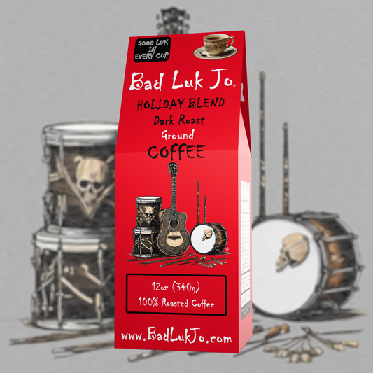 Bad Luk Jo HOLIDAY BLEND Dark Roast Ground Coffee - There's Good Luk in Every Cup - 12oz. - FREE STANDARD SHIPPING