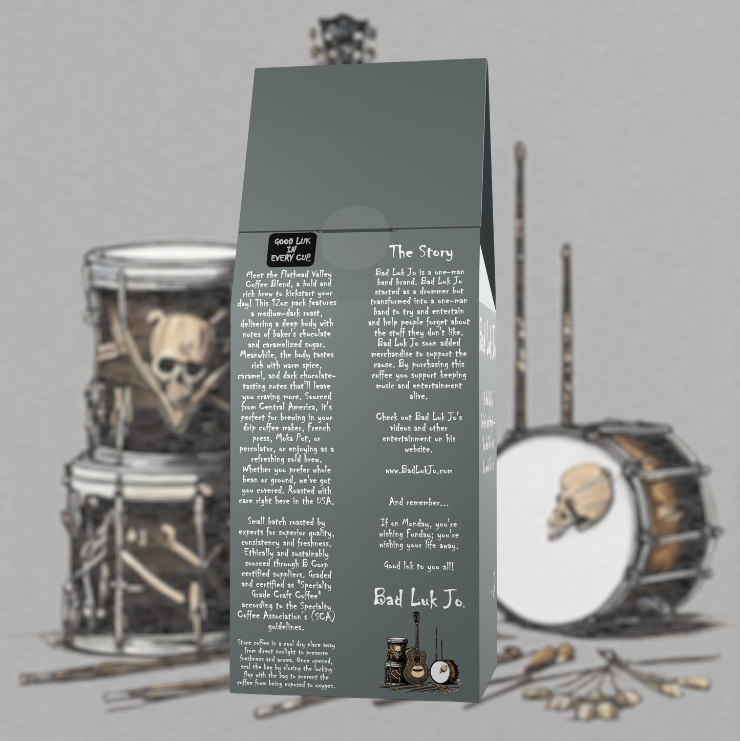 Bad Luk Jo Medium-Dark Roast Ground Coffee - There's Good Luk in Every Cup - 12oz. - FREE STANDARD SHIPPING