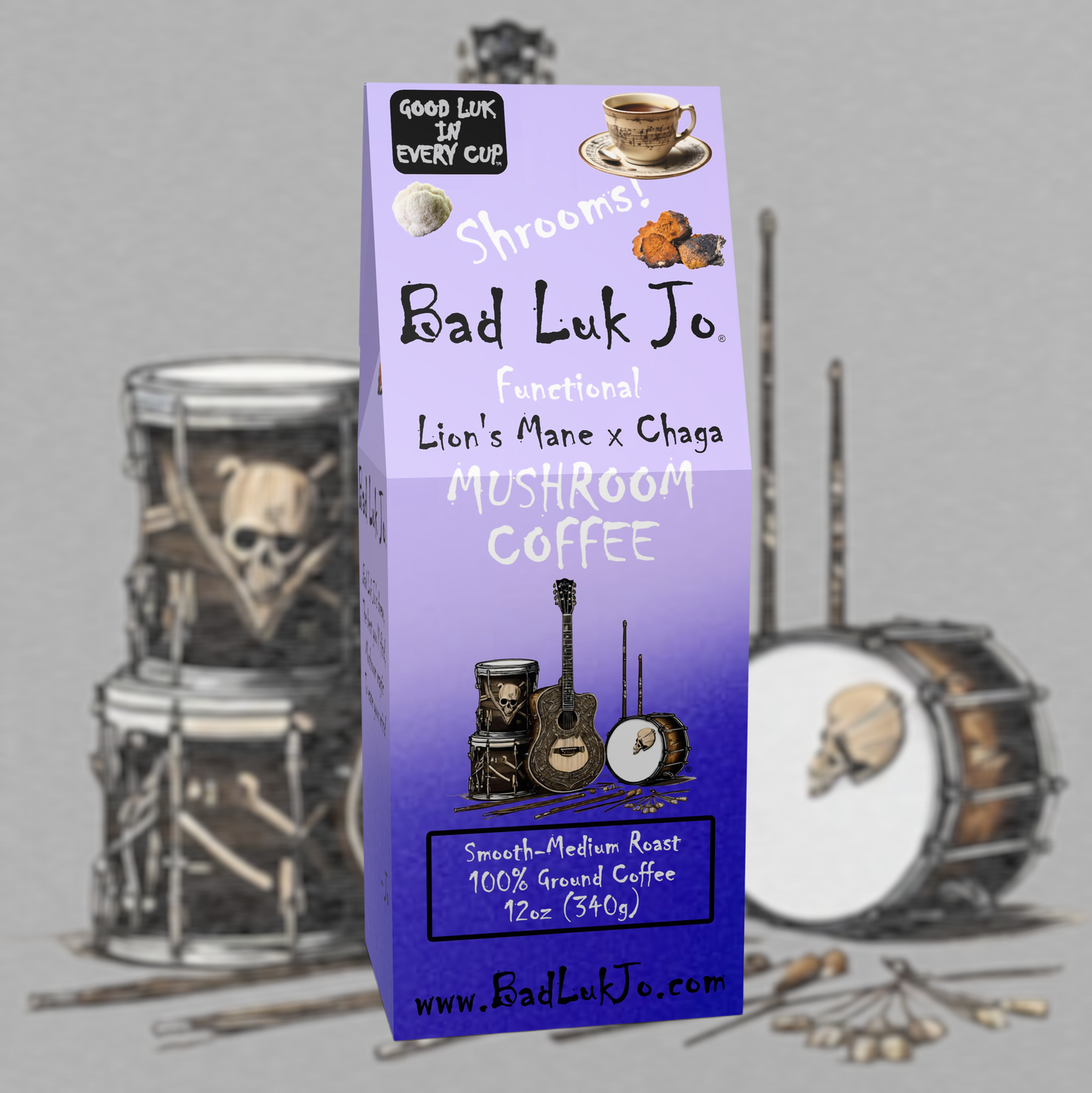 Bad Luk Jo MUSHROOM COFFEE Smooth-Medium Roast Ground - There's Good Luk in Every Cup - 12oz. - FREE STANDARD SHIPPING