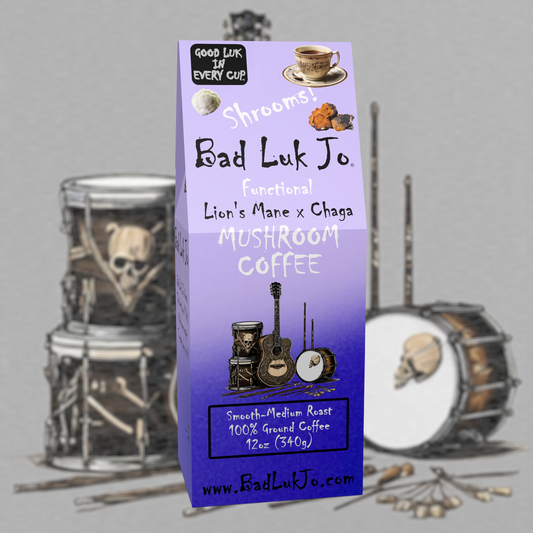 Bad Luk Jo MUSHROOM COFFEE Smooth-Medium Roast Ground - There's Good Luk in Every Cup - 12oz. - FREE STANDARD SHIPPING