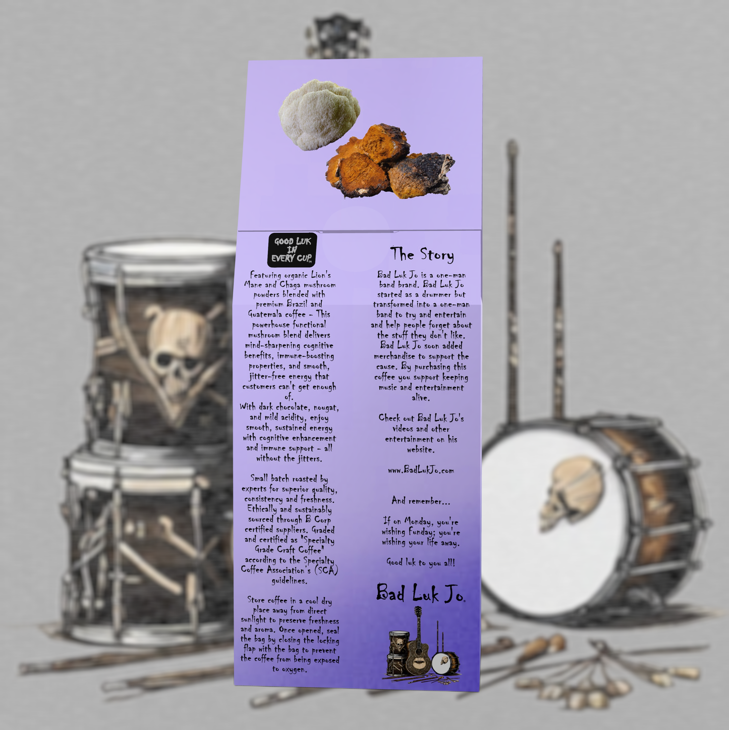 Bad Luk Jo MUSHROOM COFFEE Smooth-Medium Roast Ground - There's Good Luk in Every Cup - 12oz. - FREE STANDARD SHIPPING